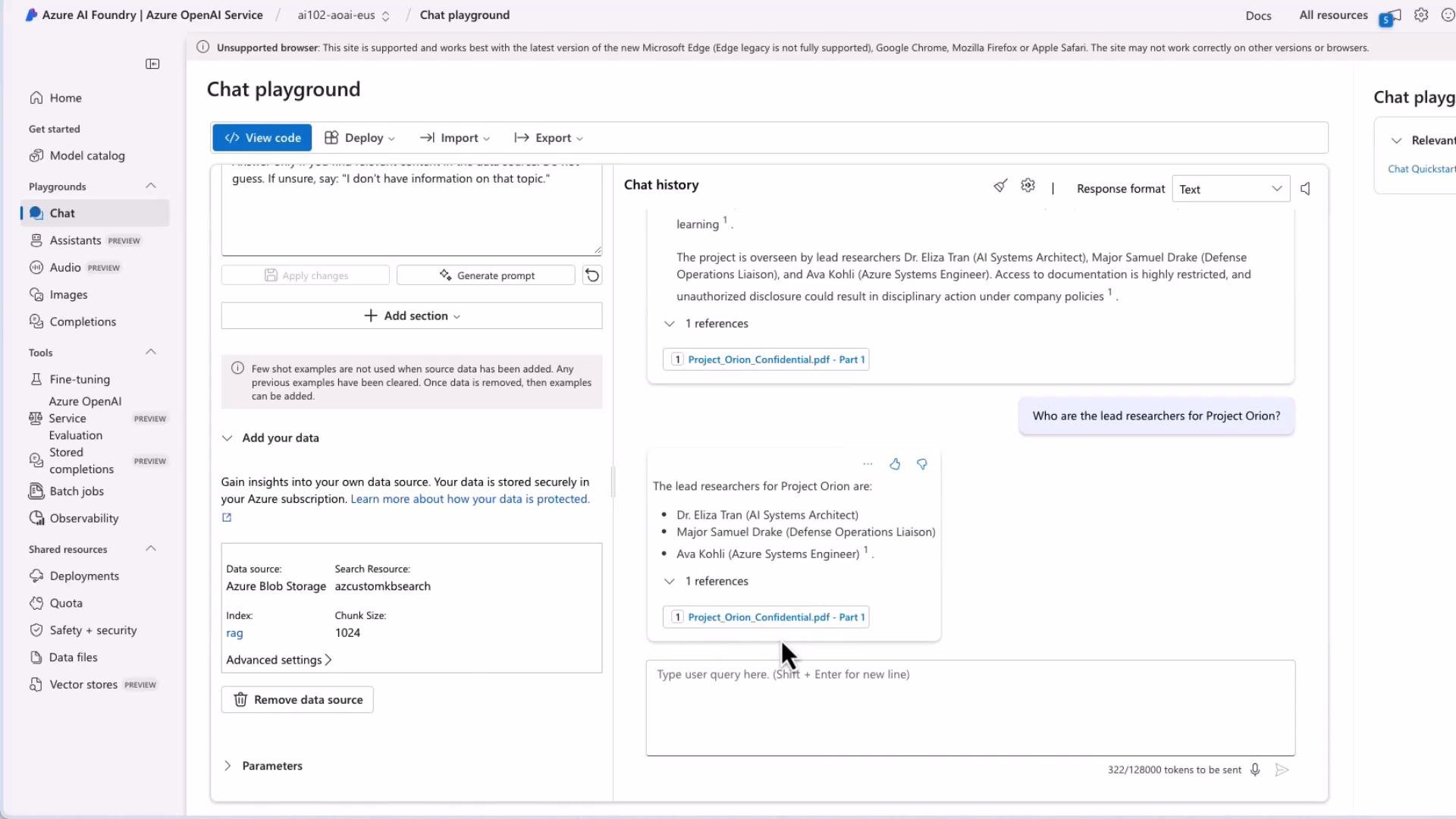 A screenshot of the Azure OpenAI "Chat playground" interface with the left navigation menu and a central chat pane. The chat shows a user asking about Project Orion and the assistant replying with a list of three lead researchers.