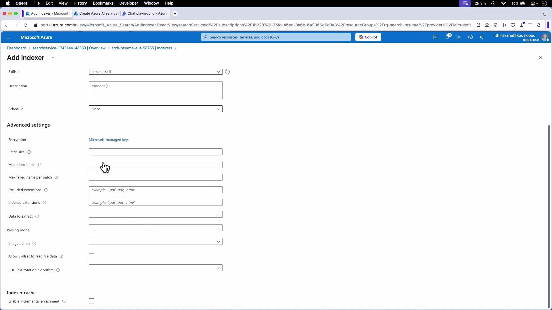 A screenshot of the Microsoft Azure portal showing the "Add indexer" configuration page with fields for Skillset, Schedule and many advanced settings (batch size, max failed items, excluded/indexed extensions, parsing mode, image action, etc.). The page is open in a web browser on a macOS desktop with several tabs visible.