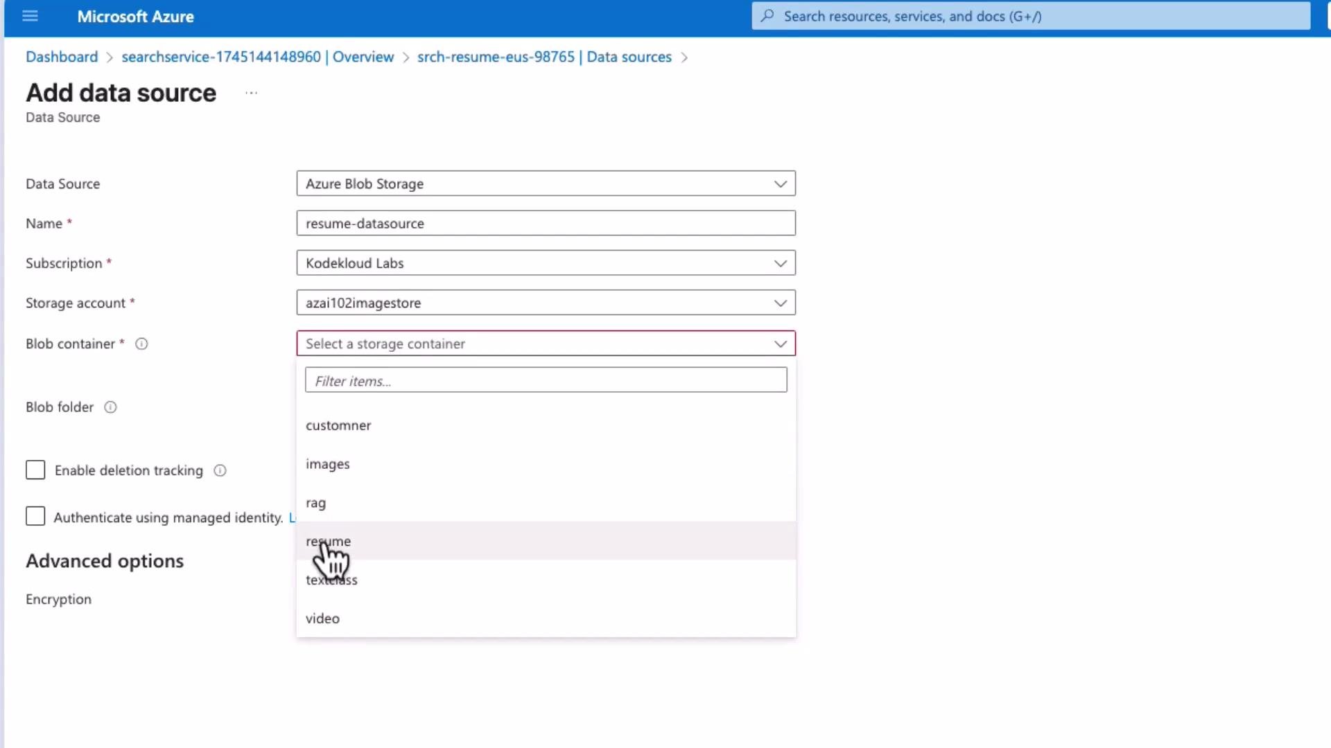 A Microsoft Azure portal "Add data source" form for Azure Blob Storage with fields filled (name "resume-datasource", subscription "Kodekloud Labs", storage account "azai102imagestore"). The blob container dropdown is open showing options like "images", "resume" and "video", and a cursor is selecting "resume".