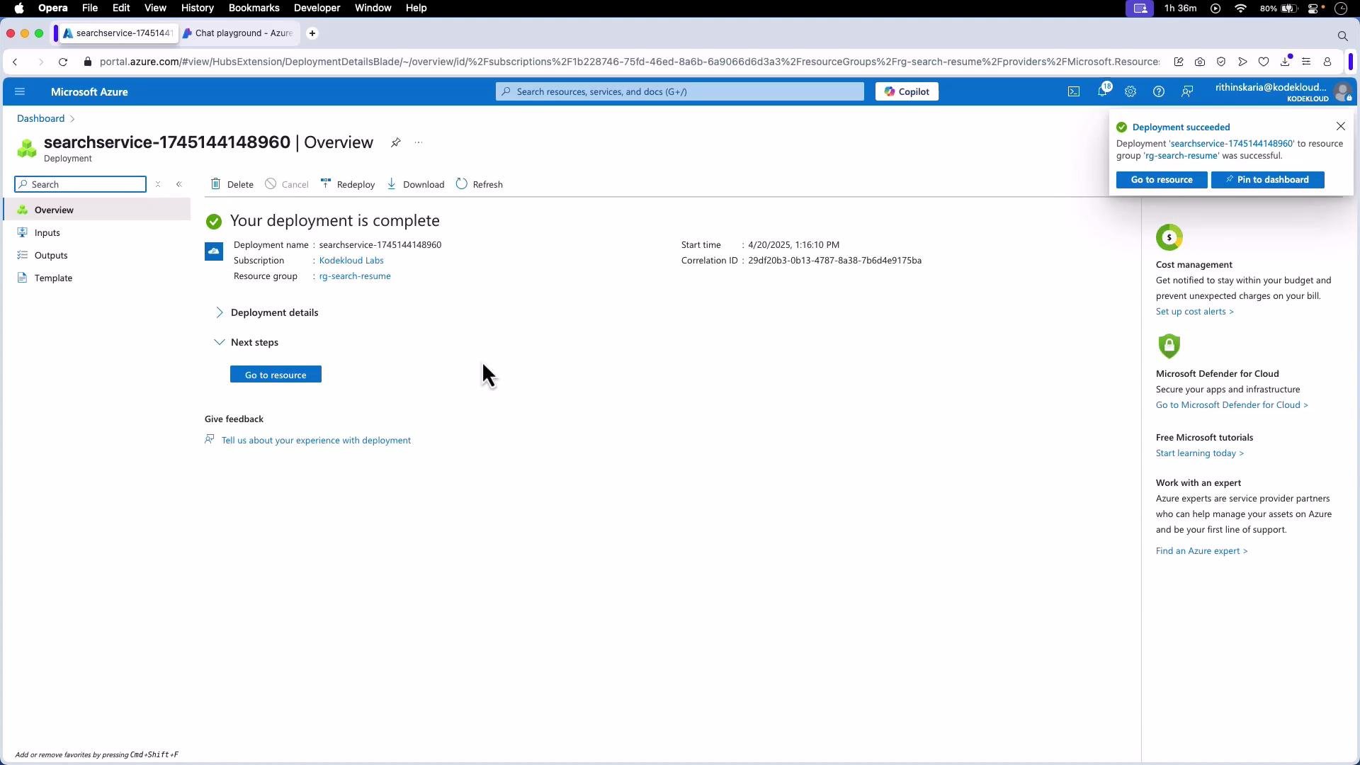 A screenshot of the Microsoft Azure portal showing a completed deployment named "searchservice-1745144148960" with a "Your deployment is complete" message and a "Go to resource" button. A "Deployment succeeded" notification is visible in the top-right.