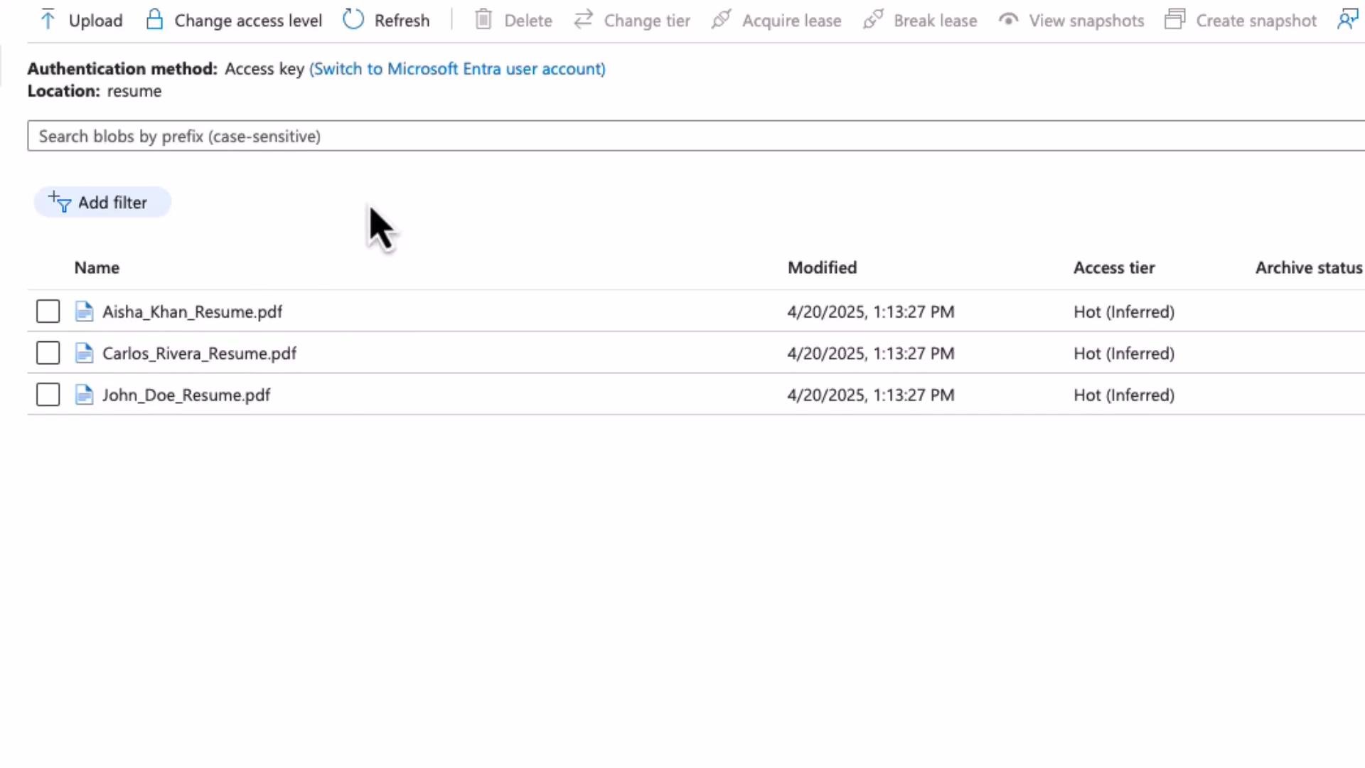 A screenshot of a cloud storage file list (folder: "resume") showing three PDF files: Aisha_Khan_Resume.pdf, Carlos_Rivera_Resume.pdf, and John_Doe_Resume.pdf. Each file is dated 4/20/2025, 1:13:27 PM and marked with access tier "Hot (Inferred)."