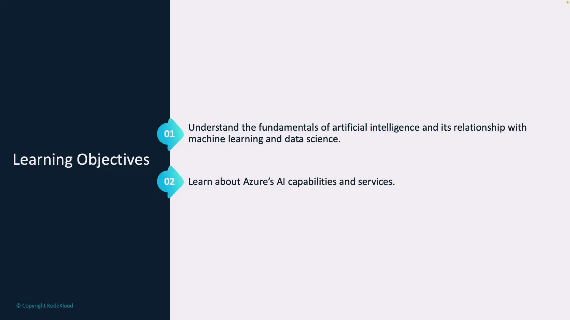 A slide titled "Learning Objectives." It lists two goals: understanding AI fundamentals and their relationship to machine learning and data science, and learning about Azure's AI capabilities and services.