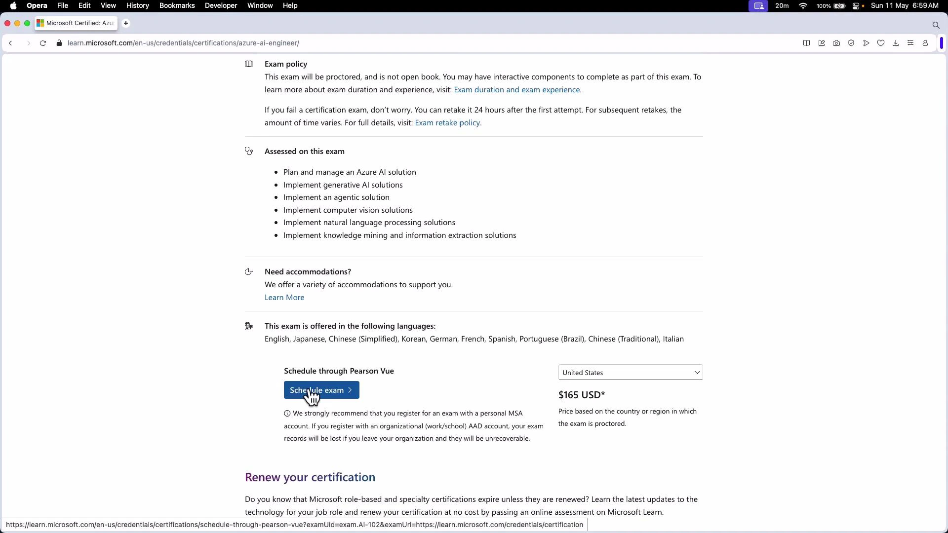 A screenshot of a Microsoft Learn certification page for the Azure AI Engineer exam showing exam policies, a bulleted list of assessed topics, and a "Schedule exam" button through Pearson VUE with a $165 USD price. The page also includes language and accommodation information.