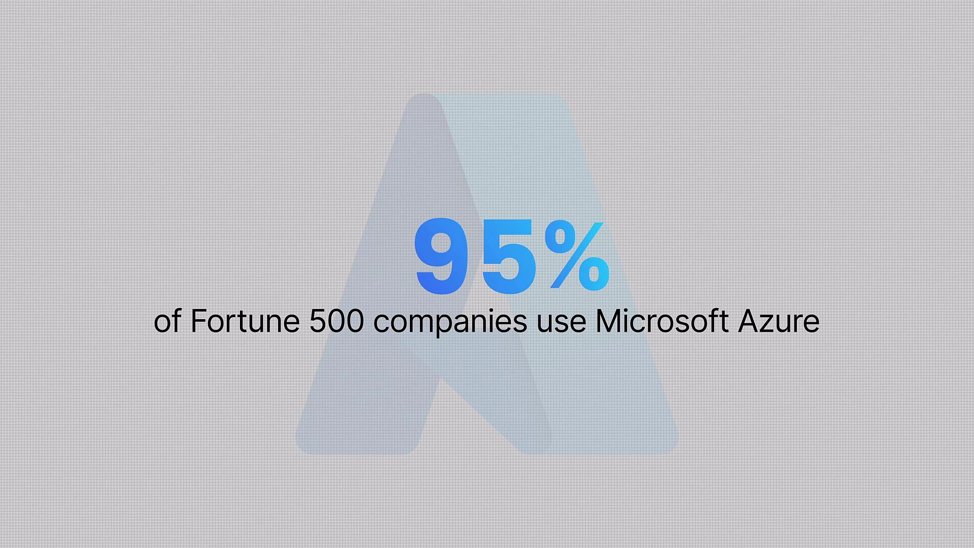 A slide with a large blue "95%" and the caption "of Fortune 500 companies use Microsoft Azure," over a faint Microsoft Azure logo in the background.
