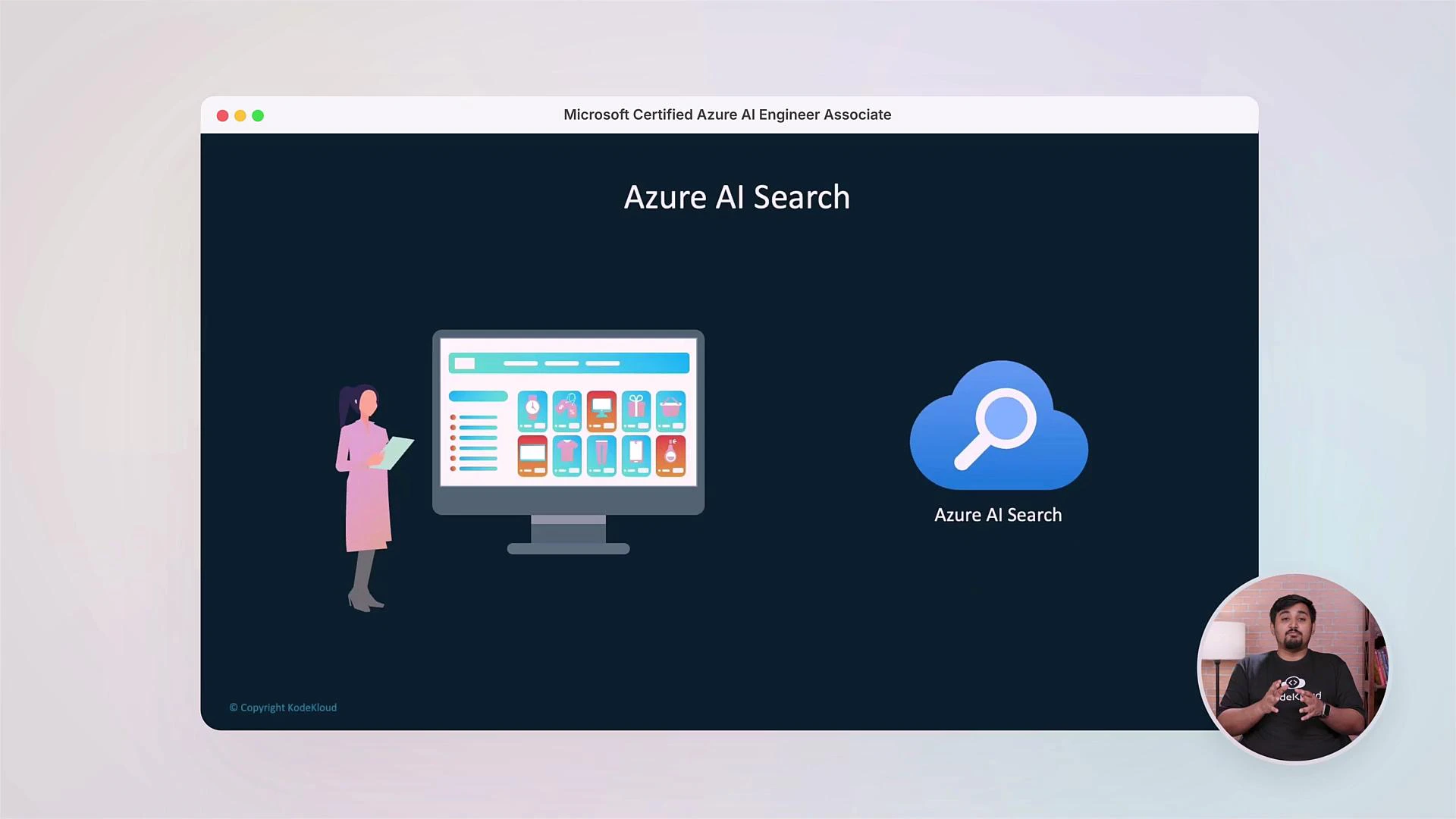 A presentation slide titled "Azure AI Search" showing an illustrated person beside a desktop screen with product thumbnails and a cloud search icon. There's also a small circular video inset of a presenter in the bottom-right.