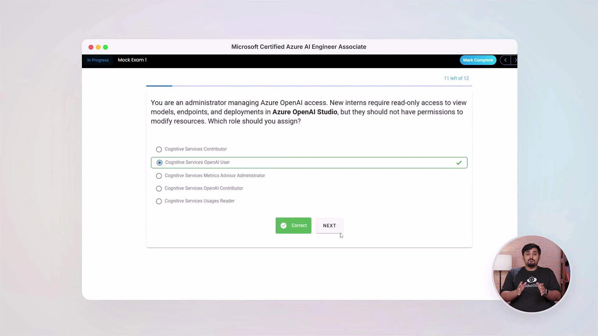 A screenshot of a Microsoft Certified Azure AI Engineer Associate mock exam question about assigning a read-only role in Azure OpenAI Studio, with "Cognitive Services OpenAI User" selected and marked correct. A small circular inset in the lower-right shows a presenter speaking.