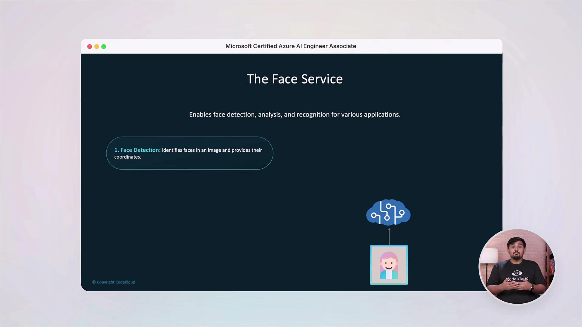 A presentation slide titled "The Face Service" explaining face detection, analysis, and recognition. It shows a diagram of a photo being processed by an AI/cloud icon and a circular video overlay of a presenter in the bottom-right.