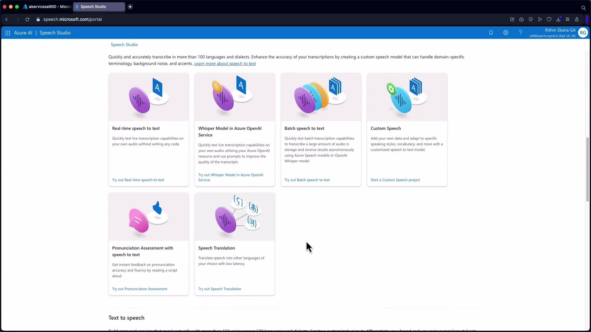 A screenshot of the Azure AI Speech Studio web page showing feature tiles for speech-to-text and related services (Real-time speech-to-text, Whisper Model, Batch speech-to-text, Custom Speech, Pronunciation Assessment, and Speech Translation). The page includes a top navigation bar and a user profile icon in the upper right.