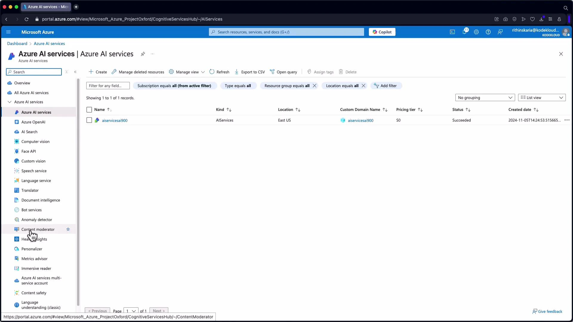 A screenshot of the Microsoft Azure portal showing the "Azure AI services" dashboard, with the left navigation listing various AI services and one AI service resource ("aiservicesai900") displayed in the main pane. The top bar includes search and user account controls.