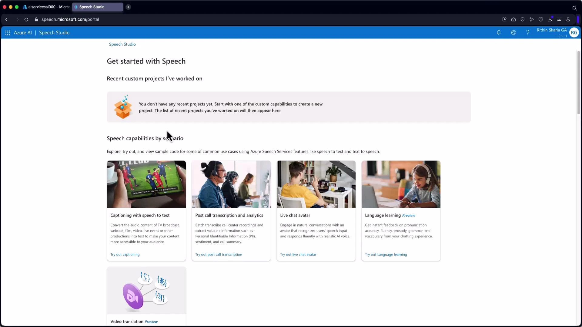 A screenshot of the Azure Speech Studio web interface titled "Get started with Speech," showing a notice about no recent projects and a list of speech capability tiles. The tiles include examples like captioning (speech-to-text), post-call transcription and analytics, live chat avatar, and language learning.