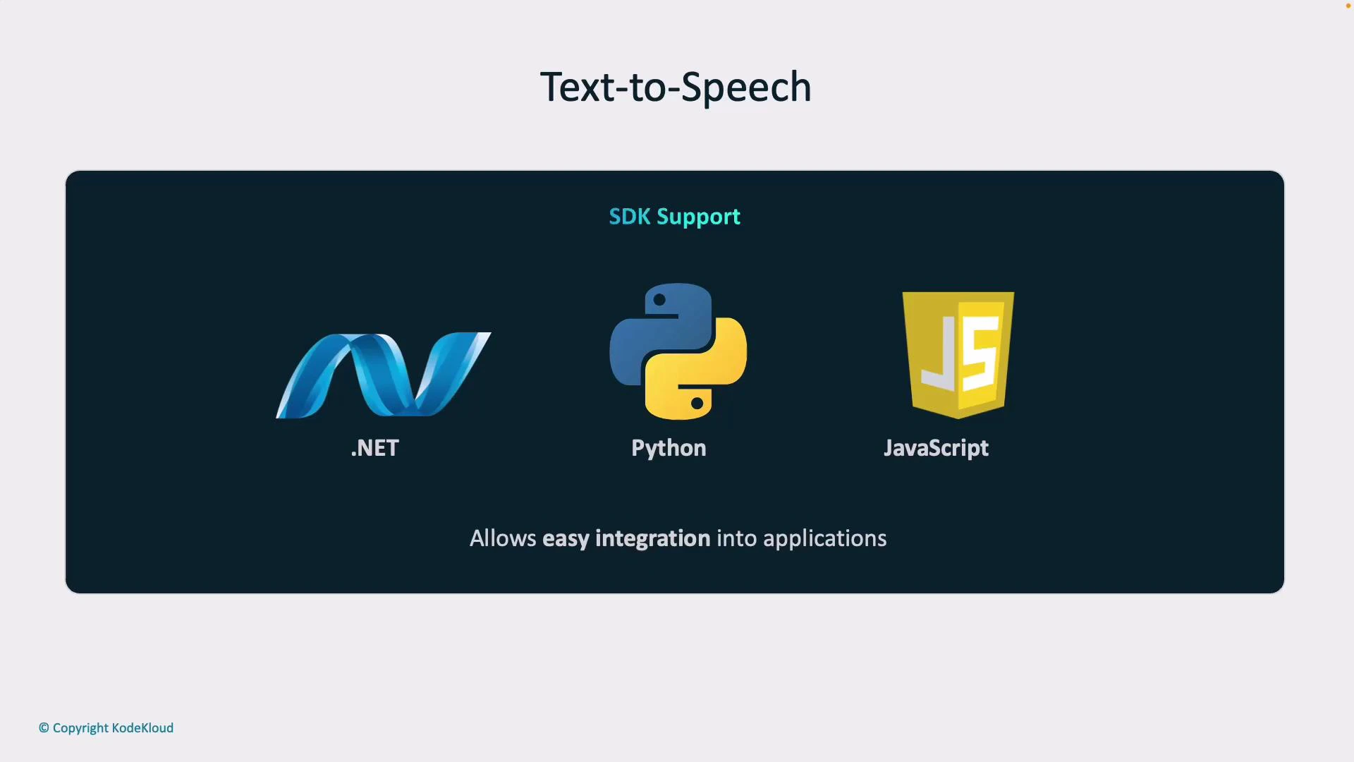 A slide titled "Text-to-Speech" showing SDK support with .NET, Python, and JavaScript logos. It also notes "Allows easy integration into applications."
