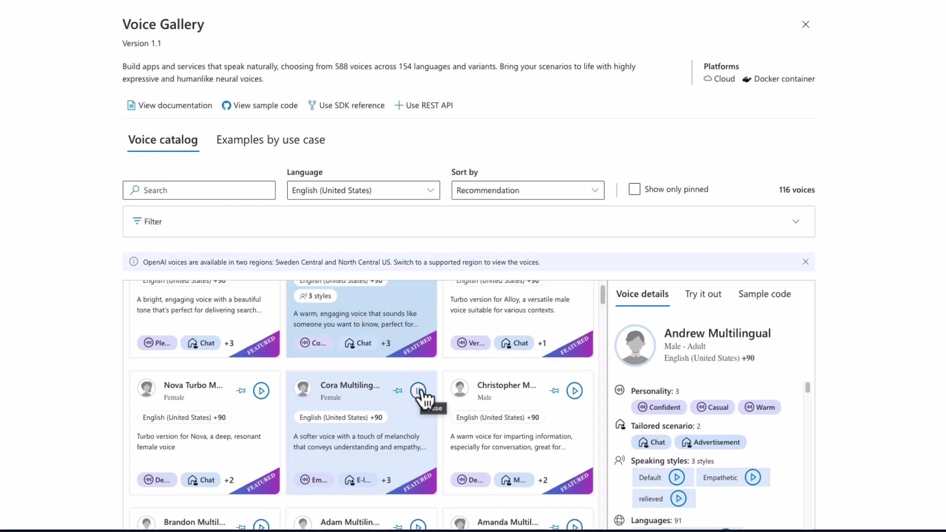 A screenshot of a "Voice Gallery" web interface showing a voice catalog with search, language and sort controls and multiple voice cards. A right-hand panel displays details for a selected voice (Andrew Multilingual) including personality tags and speaking styles.