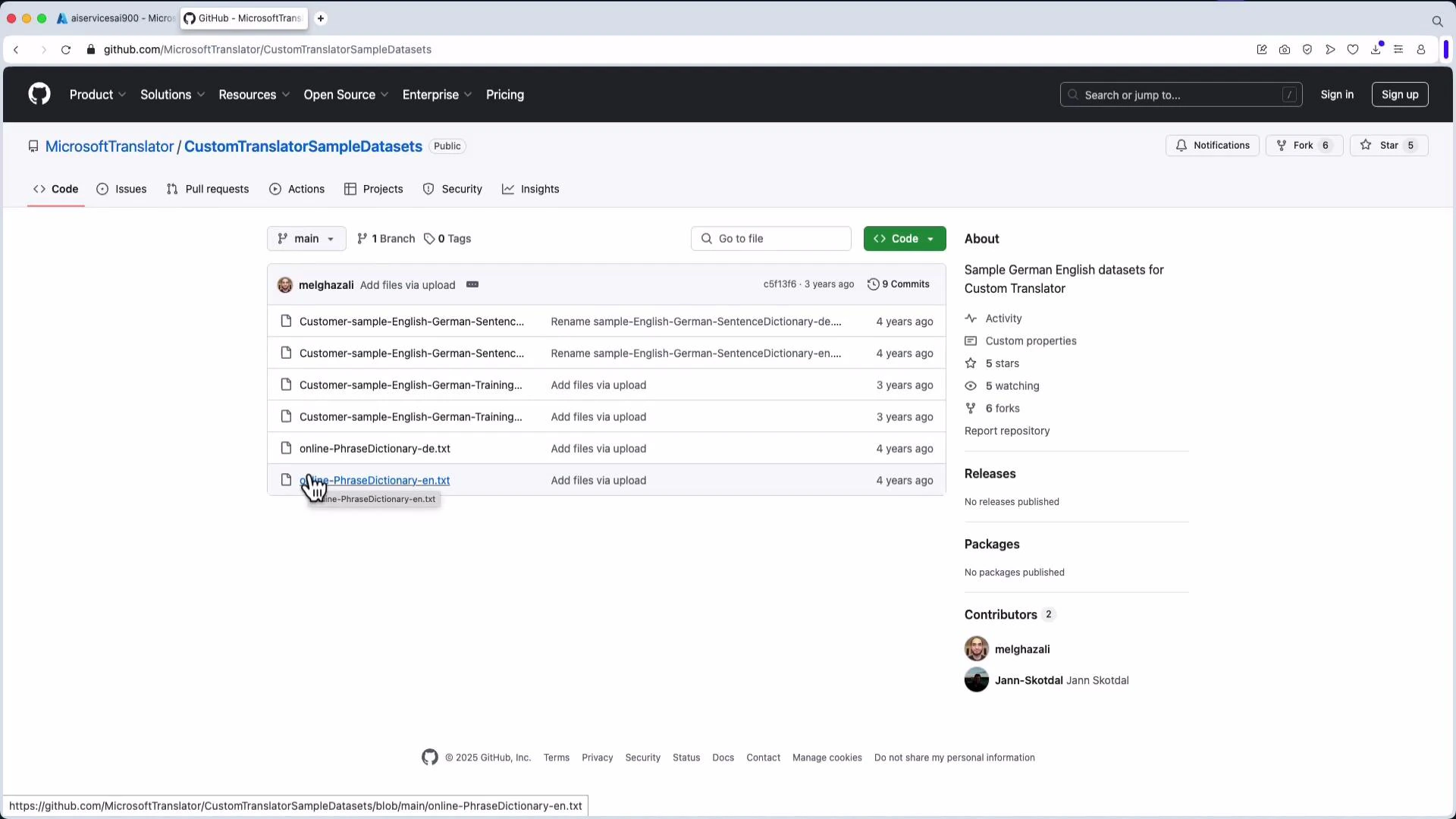 A screenshot of a GitHub repository page for "MicrosoftTranslator/CustomTranslatorSampleDatasets" showing a list of files in the main branch and an About sidebar with repository details.
