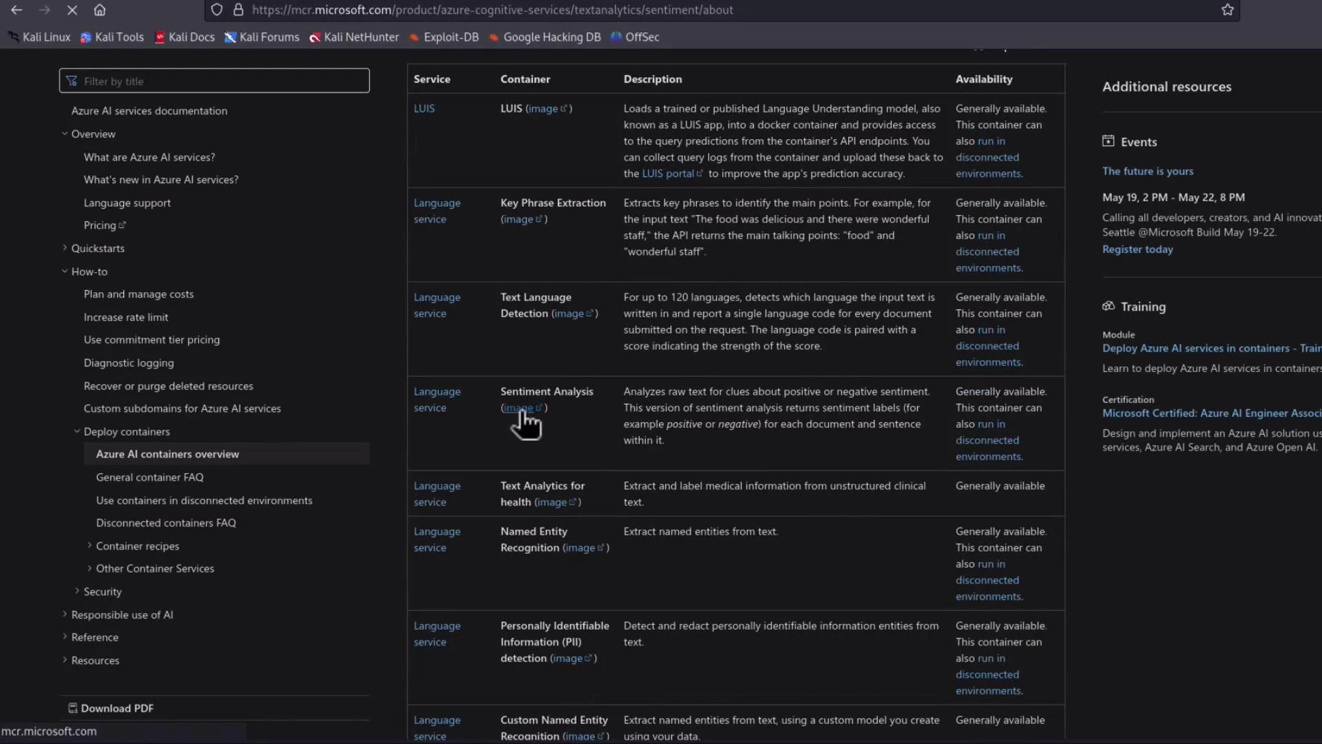 A dark-themed screenshot of Microsoft Azure Cognitive Services documentation showing a table of language service containers (LUIS, Key Phrase Extraction, Text Language Detection, Sentiment Analysis, etc.). The page includes a left navigation menu and a right column with additional resources and events.