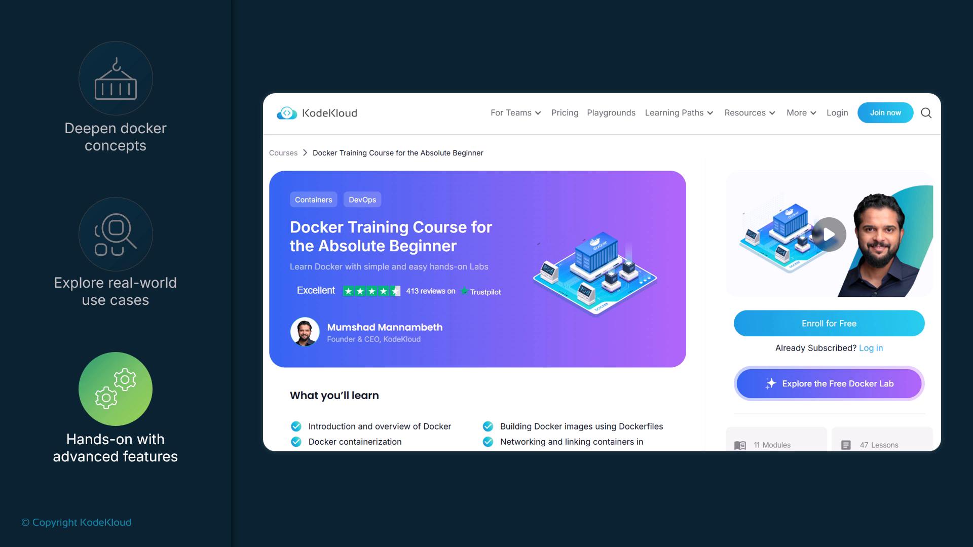 A website screenshot showing a KodeKloud course page for "Docker Training Course for the Absolute Beginner" with a purple course banner, container illustration, instructor photo, and an "Enroll for Free" button. The left sidebar highlights features like hands-on labs and real-world use cases.