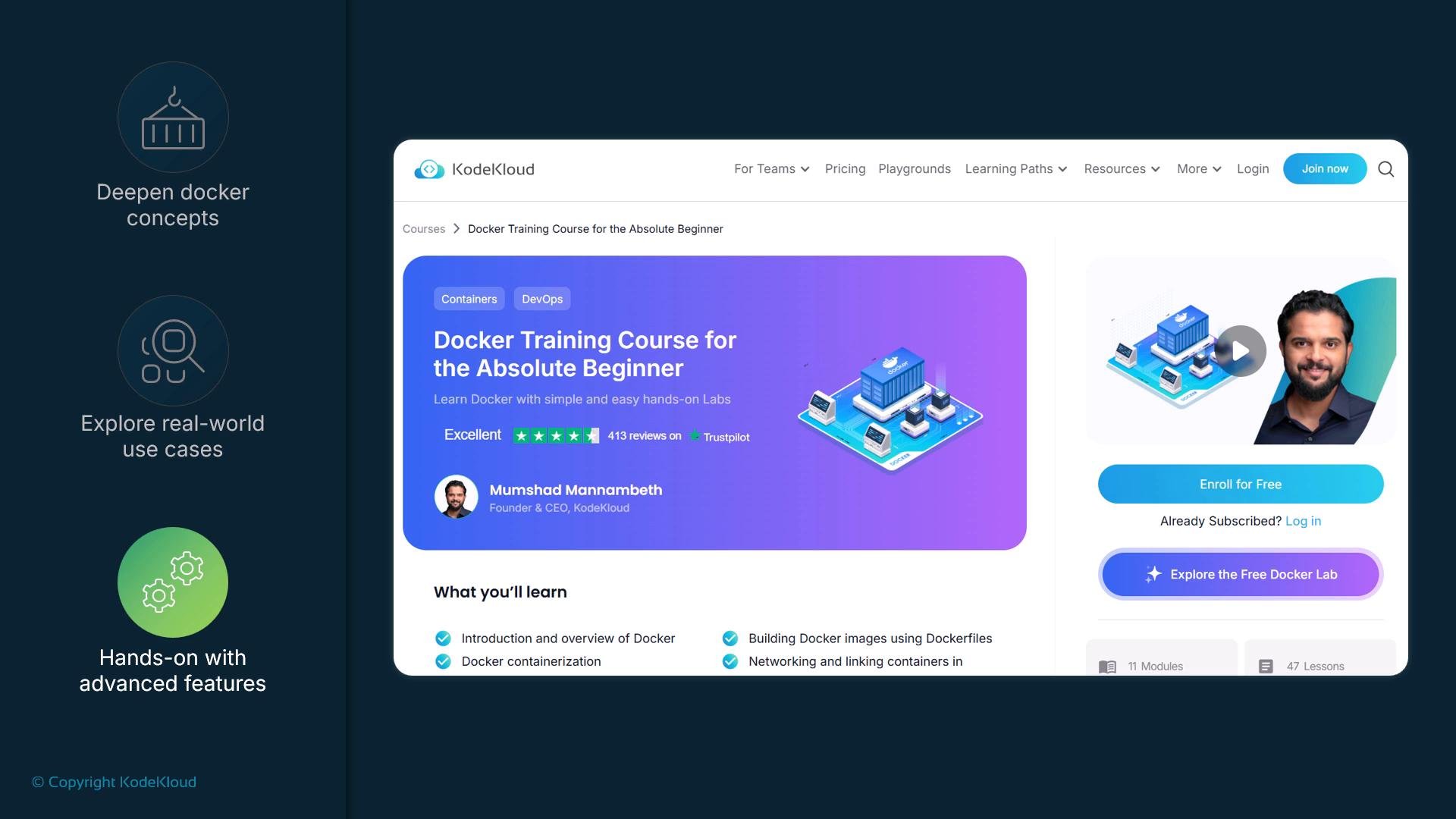 A website screenshot showing a KodeKloud course page for "Docker Training Course for the Absolute Beginner" with a purple course banner, container illustration, instructor photo, and an "Enroll for Free" button. The left sidebar highlights features like hands-on labs and real-world use cases.