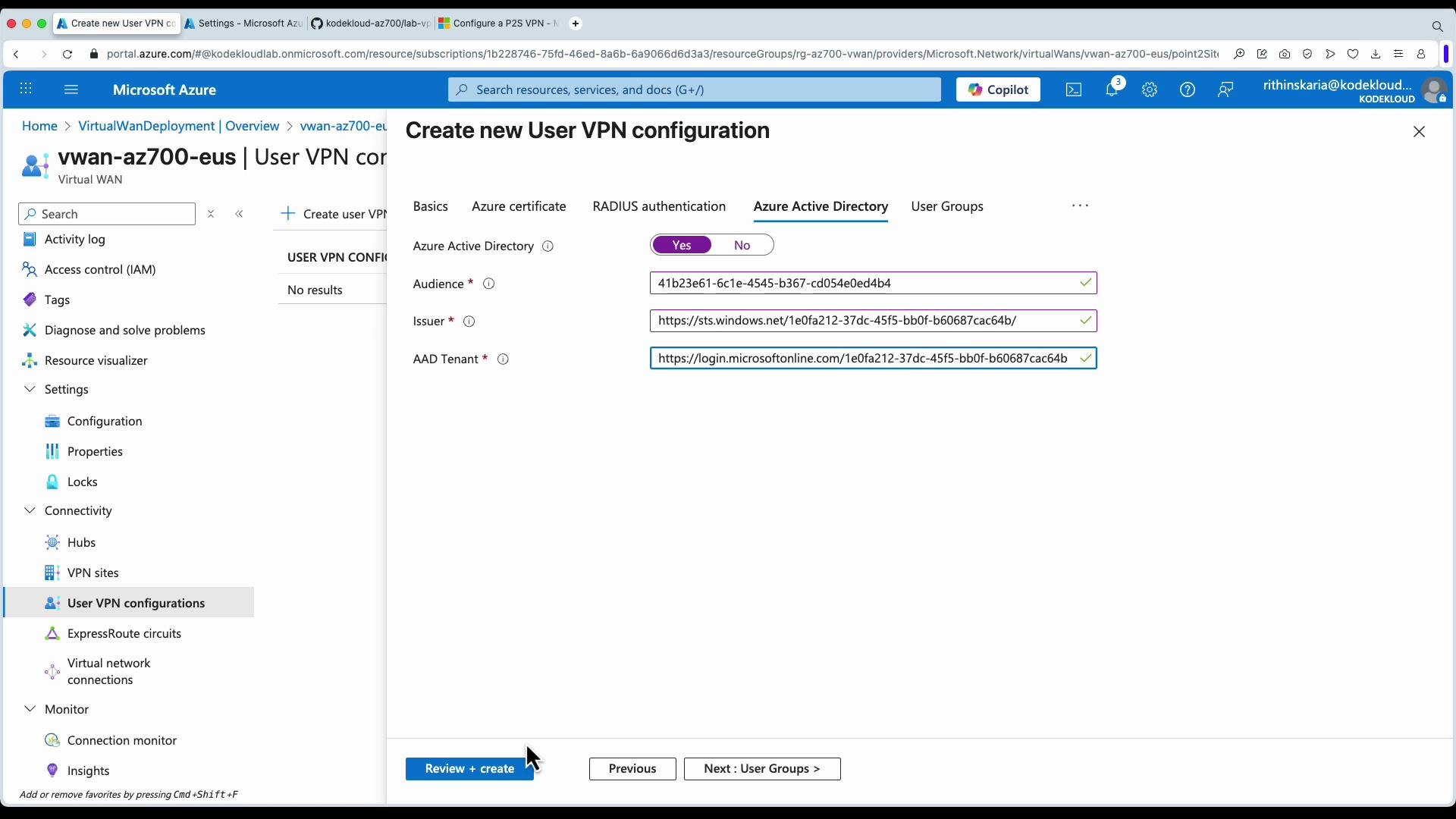 The image shows a Microsoft Azure portal interface where a new User VPN configuration is being created, specifically under the "Azure Active Directory" tab.