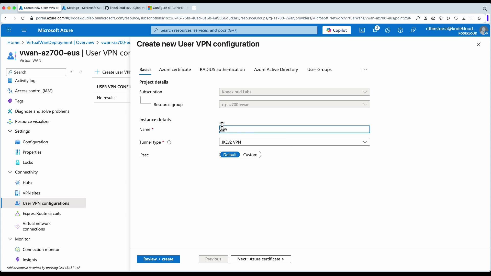 The image shows a Microsoft Azure portal interface for creating a new User VPN configuration, displaying fields for project and instance details. Users can select subscription, resource group, name, and tunnel type for the VPN configuration.