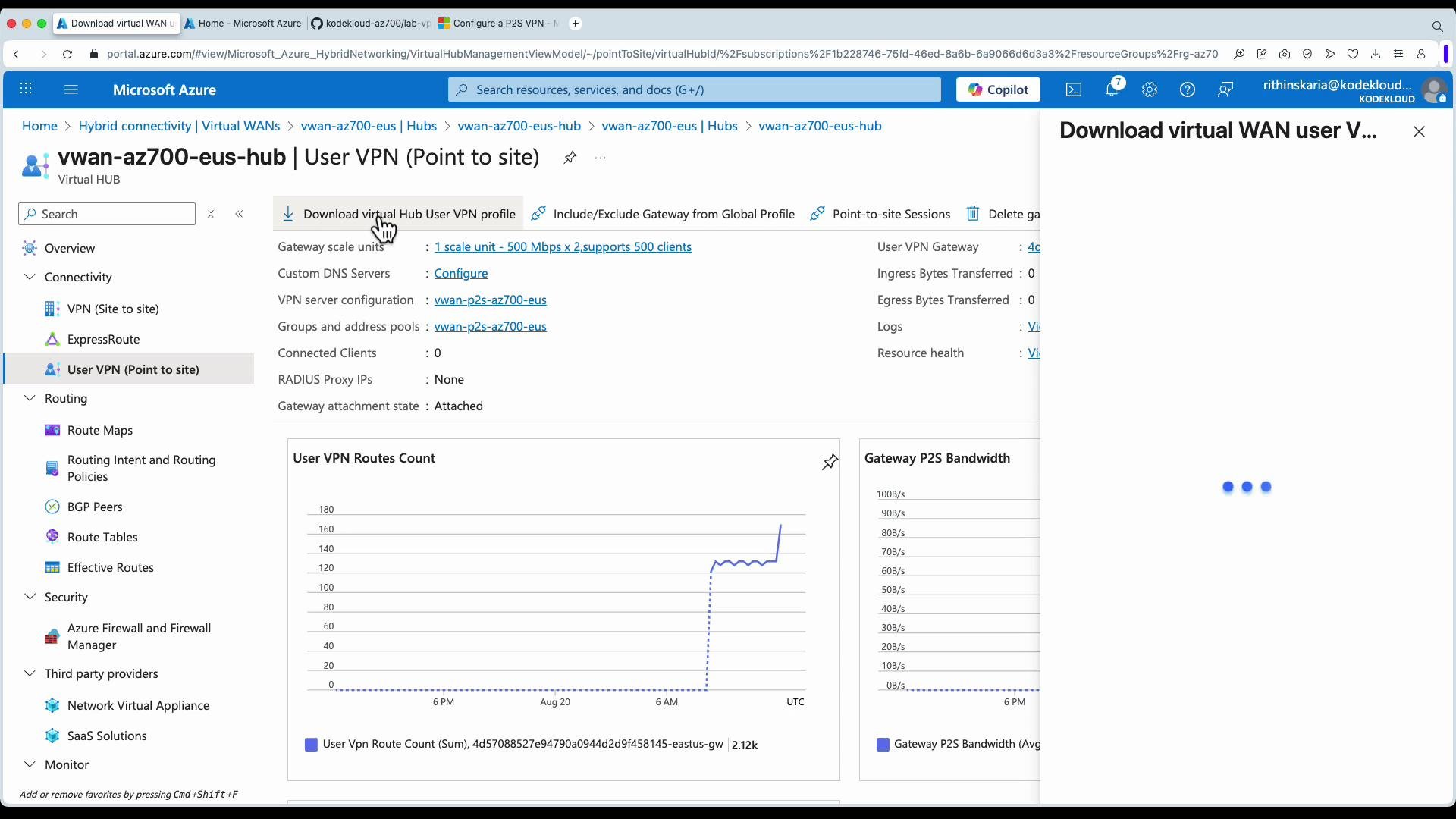 The image shows the Microsoft Azure portal interface focused on the "User VPN (Point to site)" section, displaying details such as gateway scale units, configuration options, and charts for VPN route count and bandwidth usage.