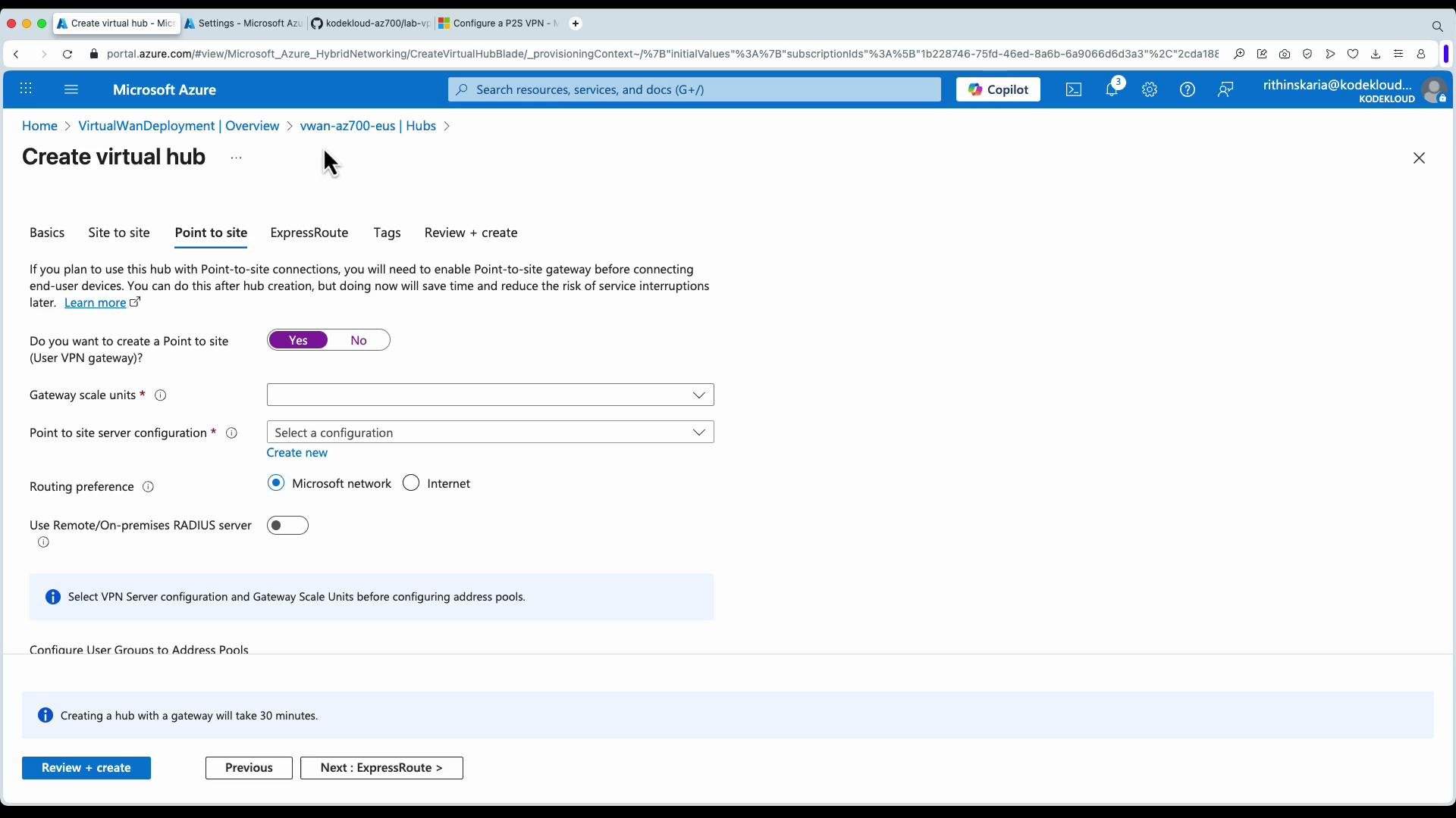 The image shows a Microsoft Azure portal screen for creating a virtual hub, specifically focusing on the "Point to site" connection settings. Options for VPN gateway, gateway scale units, and routing preference are displayed.