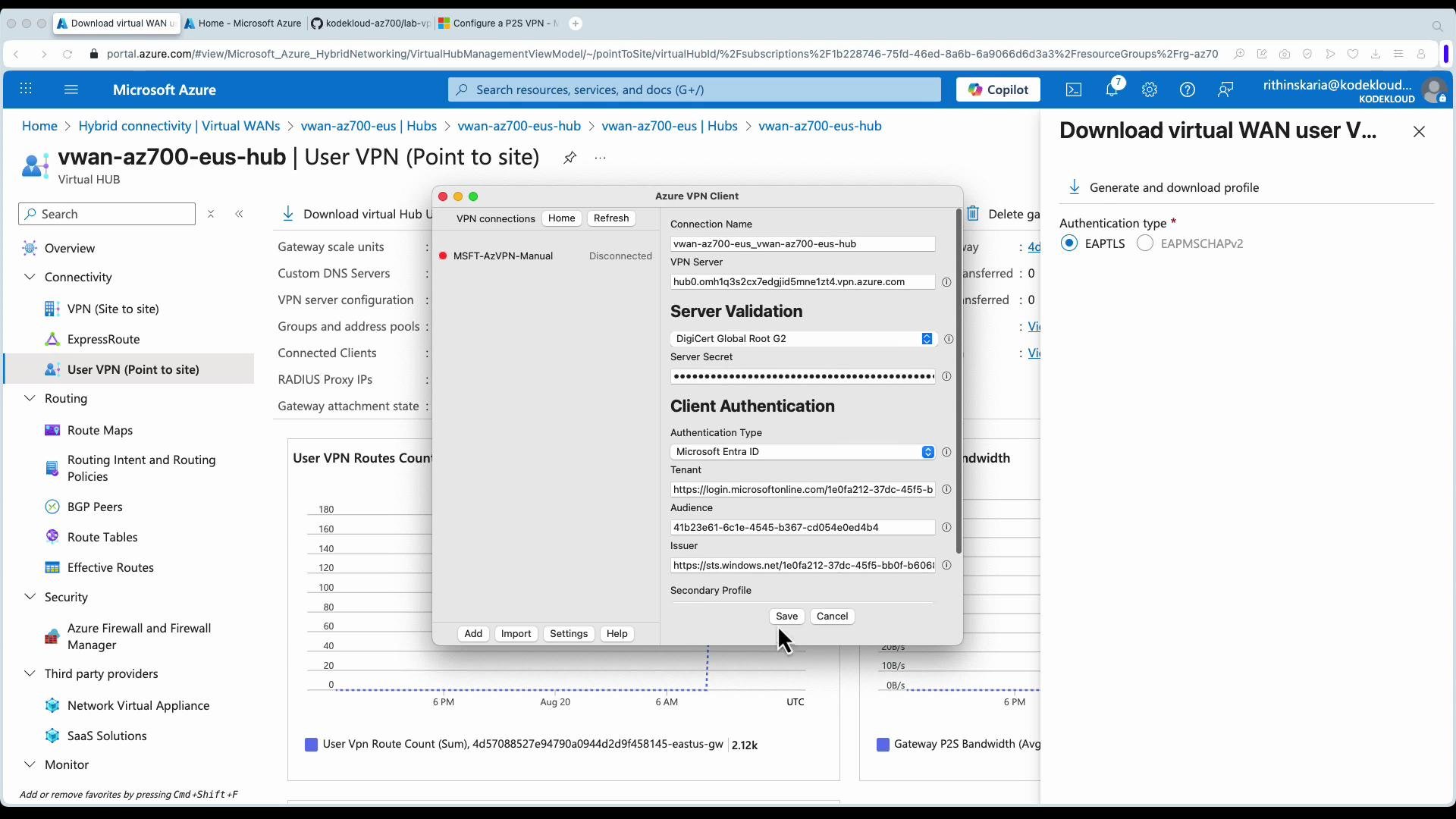 The image shows a Microsoft Azure portal interface displaying a virtual WAN user VPN configuration, with a pop-up window open for the Azure VPN Client settings. There's a form for establishing a VPN connection with options for server validation and client authentication.