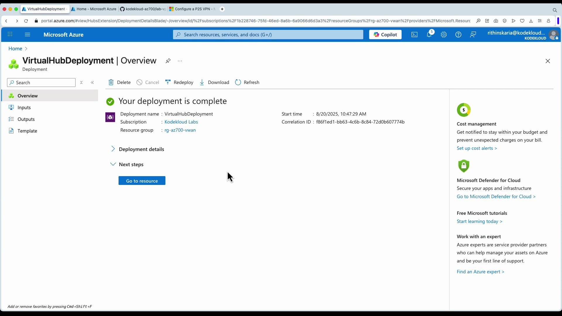 The image shows an overview page in the Microsoft Azure portal indicating that a deployment named "VirtualHubDeployment" is complete, along with details such as subscription and resource group.