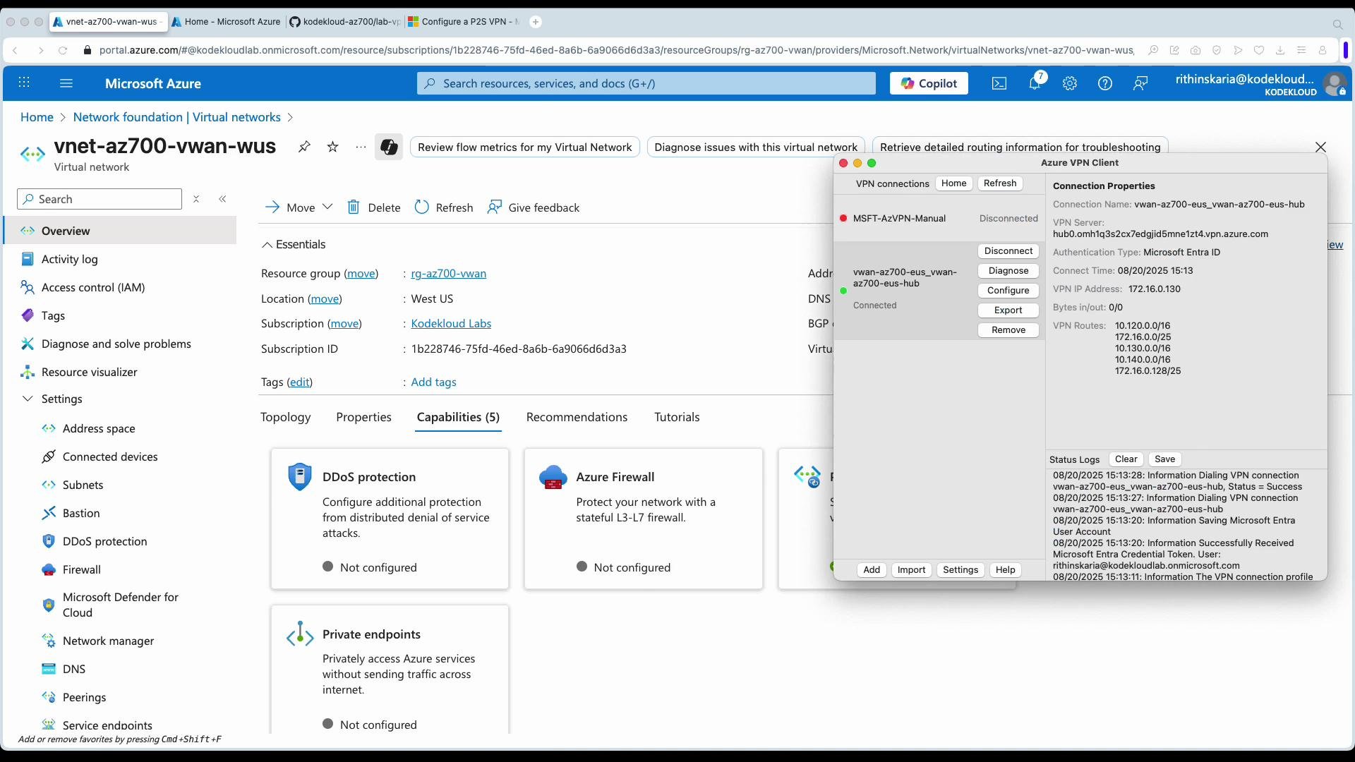 The image shows the Microsoft Azure portal with details of a virtual network named "vnet-az700-vwan-wus" and a VPN client window displaying connection properties and status logs.