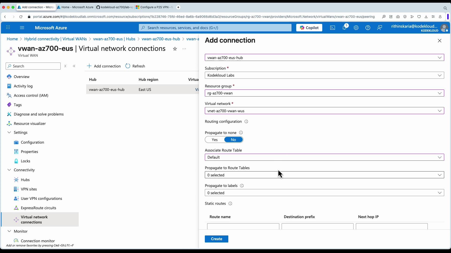 The image shows a Microsoft Azure interface for adding a virtual network connection within a Virtual WAN configuration. Various fields such as subscription, resource group, and virtual network are filled in the "Add connection" form.