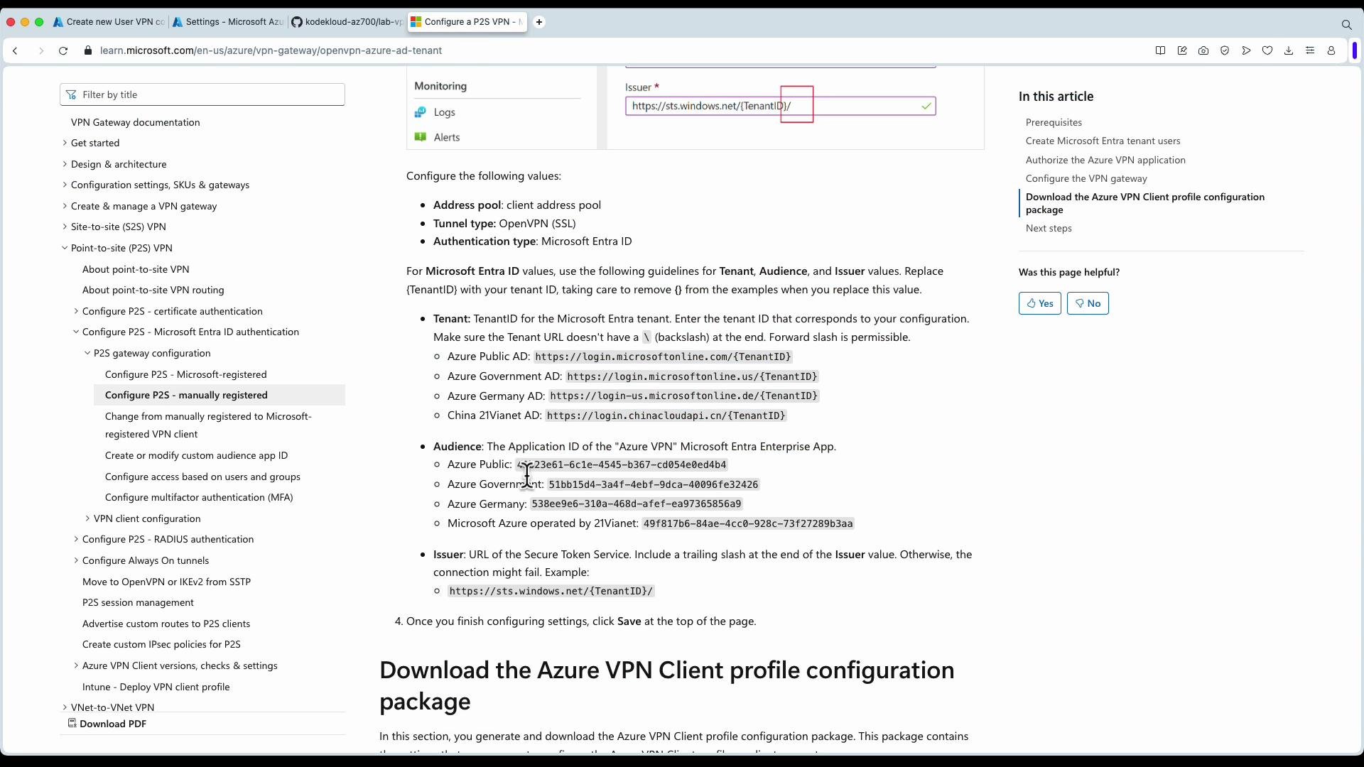 The image displays a webpage from Microsoft Azure documentation, providing instructions on configuring Azure VPN Client settings, including details about Tenant, Audience, and Issuer values for Microsoft Entra ID.