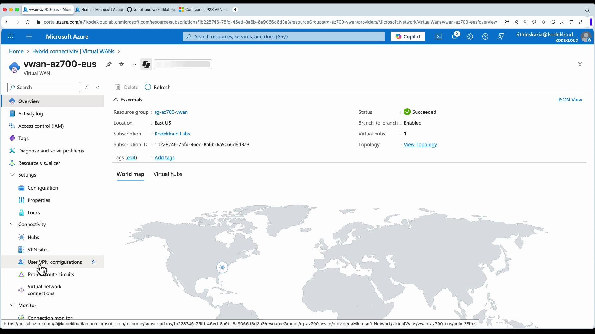 The image shows the Microsoft Azure portal interface, displaying an overview of a Virtual WAN named "vwan-az700-eus," with details such as resource group, location, and status. A world map with a virtual hub location marked is visible at the bottom.