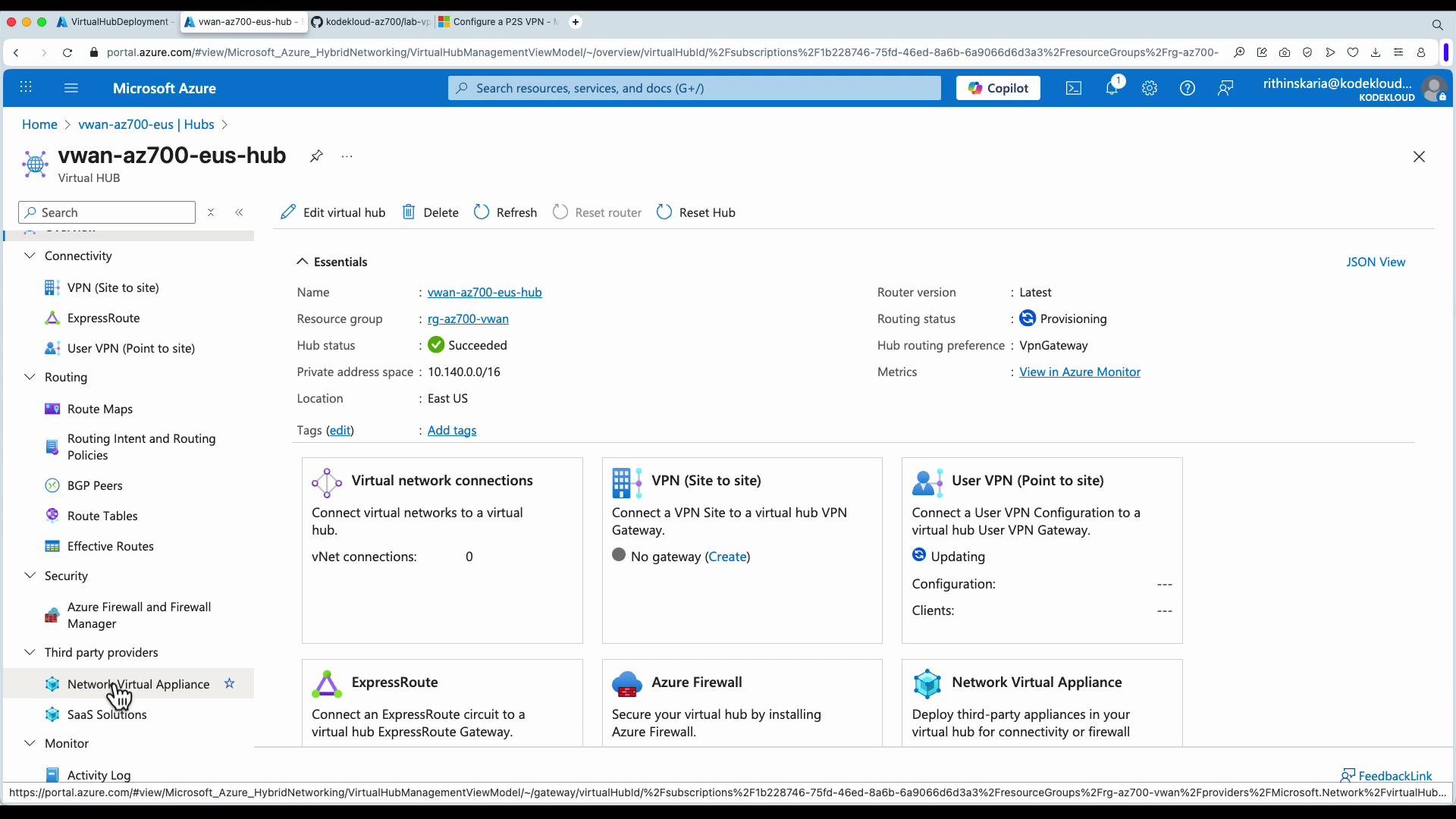 The image shows a Microsoft Azure portal interface displaying details of a virtual hub named "vwan-az700-eus-hub," including its connectivity options, status, and configuration features like VPN and ExpressRoute settings.