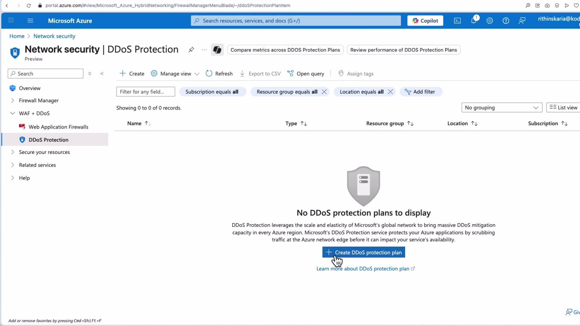 The image shows a Microsoft Azure portal page for Network security, specifically focusing on DDoS Protection, with a message indicating that there are no DDoS protection plans to display. There is an option to create a new DDoS protection plan.