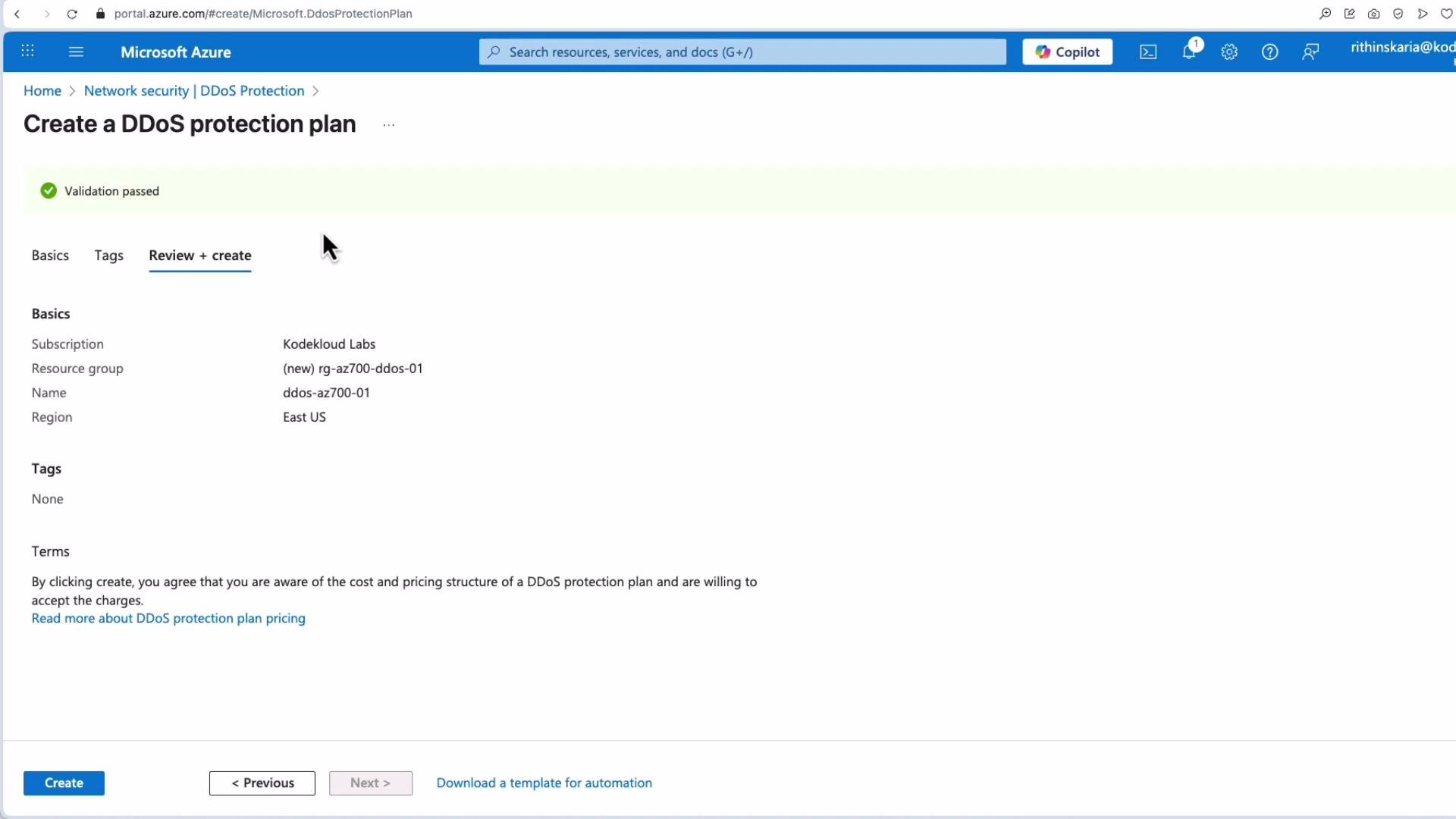The image shows a Microsoft Azure portal screen where a user is in the process of creating a DDoS protection plan. It displays details like subscription, resource group, name, and region, with an option to create the plan.