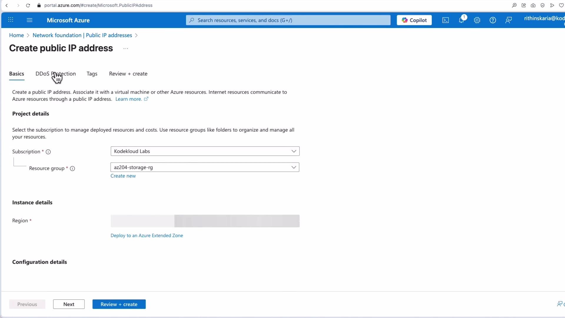 The image shows a Microsoft Azure portal page where a user is creating a public IP address. The form includes fields for subscription, resource group, and region selection.