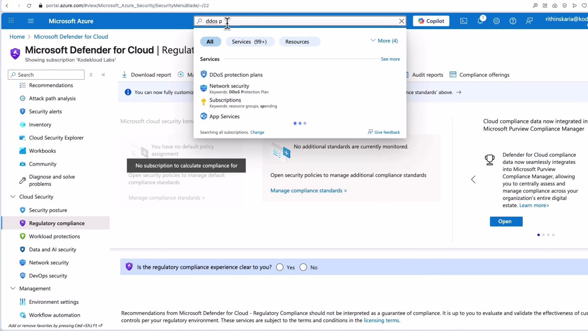 The image shows the Microsoft Defender for Cloud interface in Azure, focusing on the 'Regulatory Compliance' section with a search for DDoS protection plans.