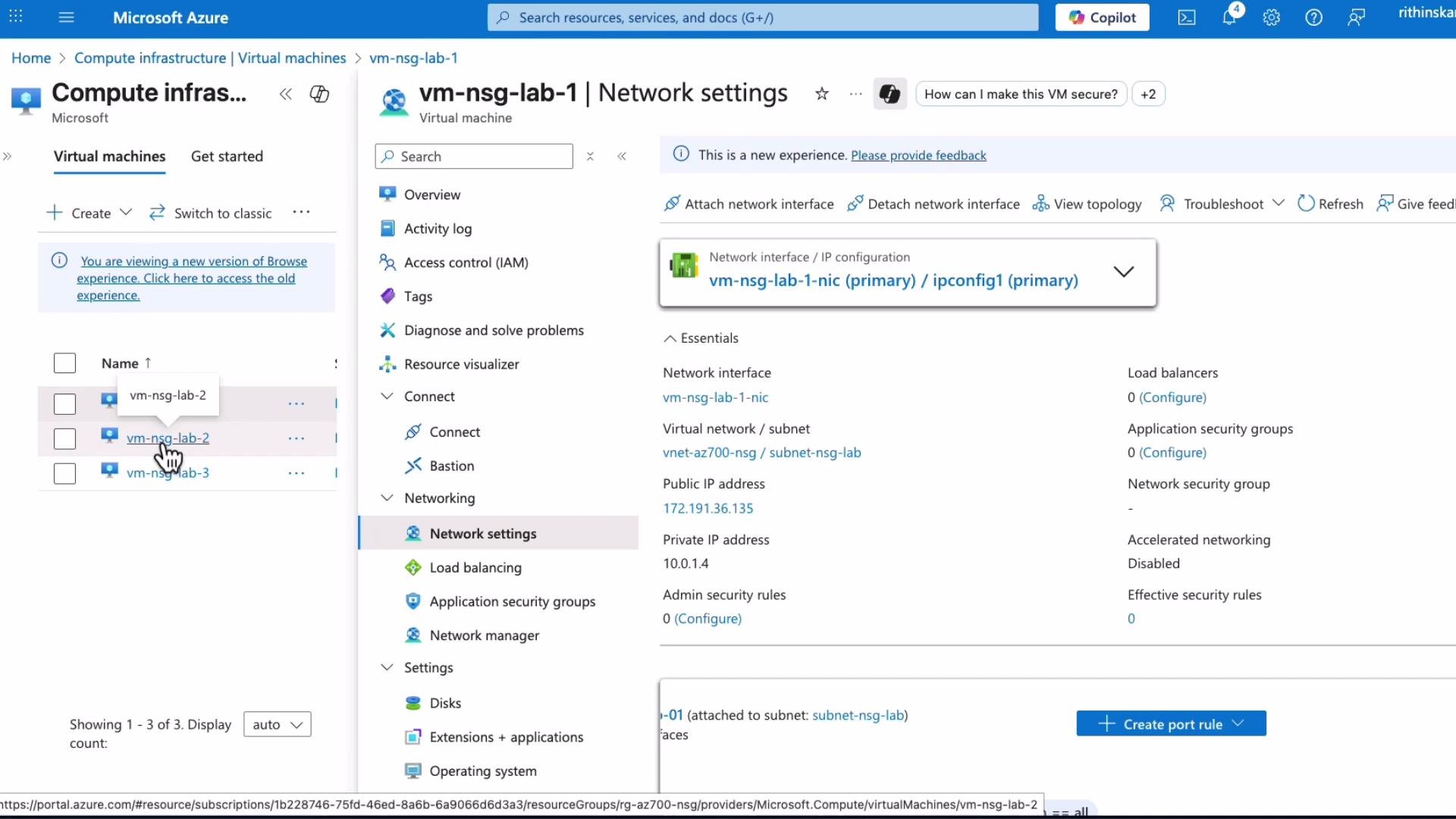 The image shows the Microsoft Azure portal interface, displaying the network settings for a virtual machine named "vm-nsg-lab-1," including details like network interface, IP addresses, and security configuration.