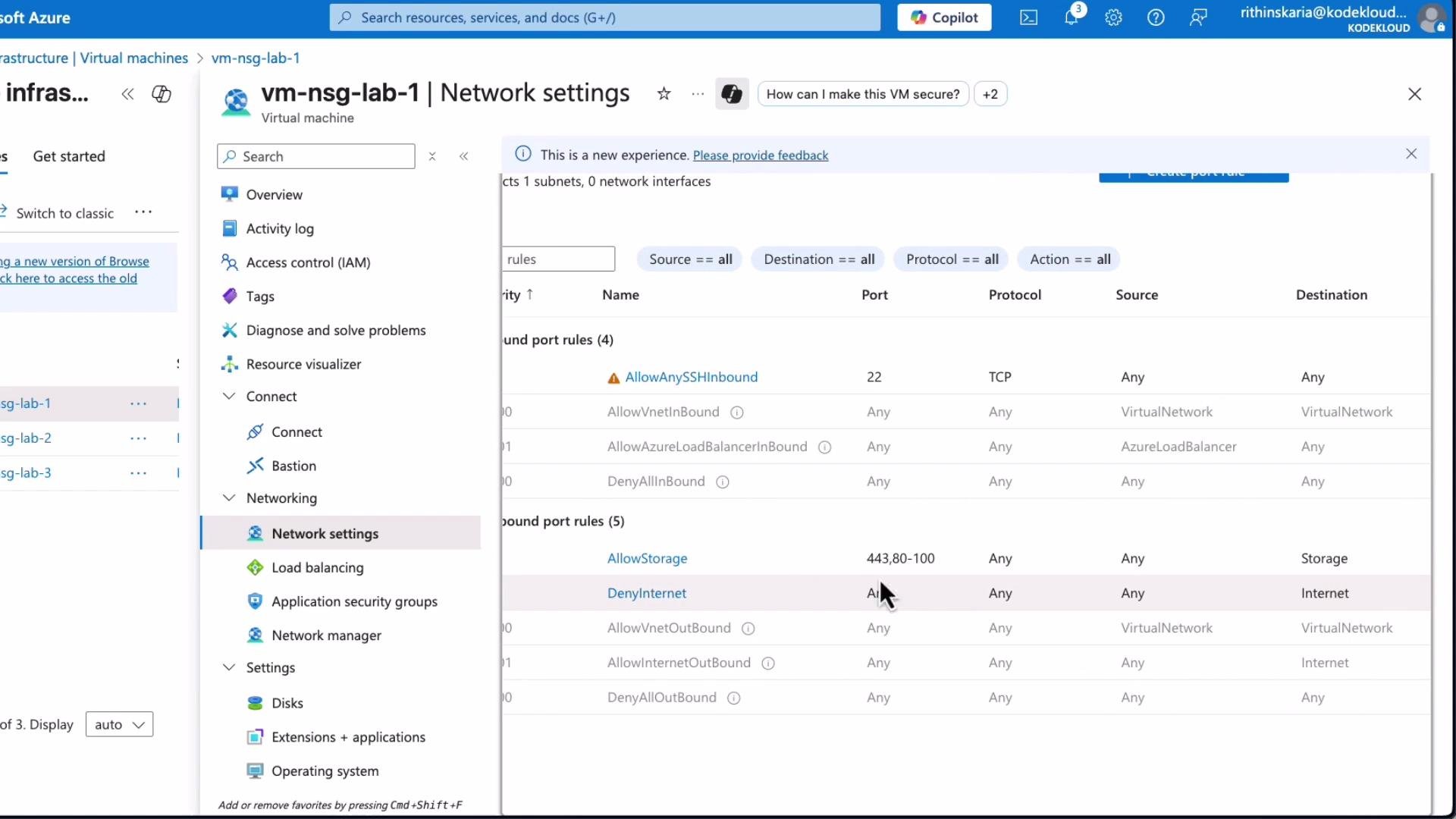 The image shows the network settings for a virtual machine in Microsoft Azure, displaying inbound and outbound port rules. The interface allows management of security configurations for VM communications.