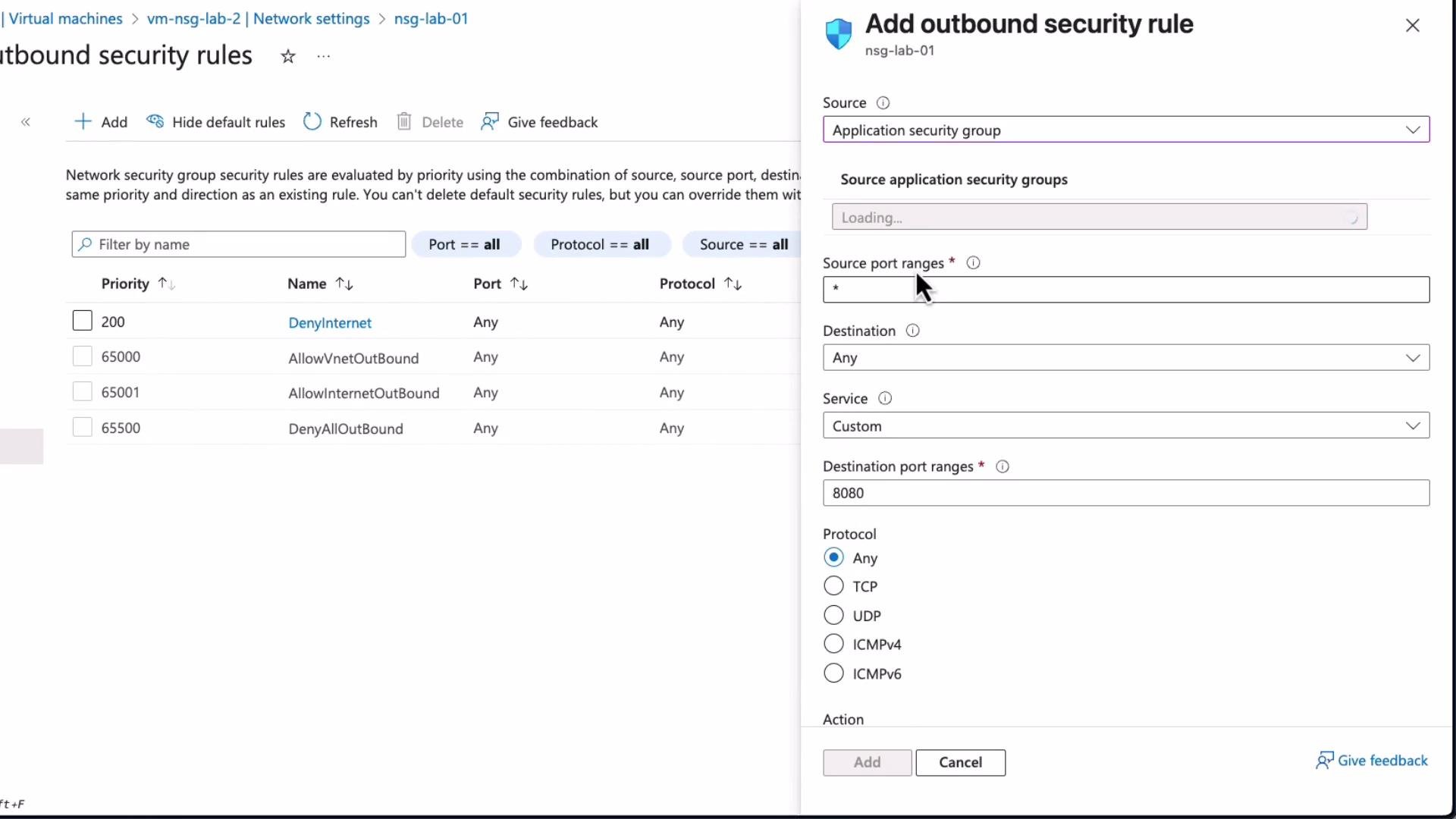 The image shows a network security group interface with outbound security rules listed on the left and a form to add a new outbound security rule on the right.