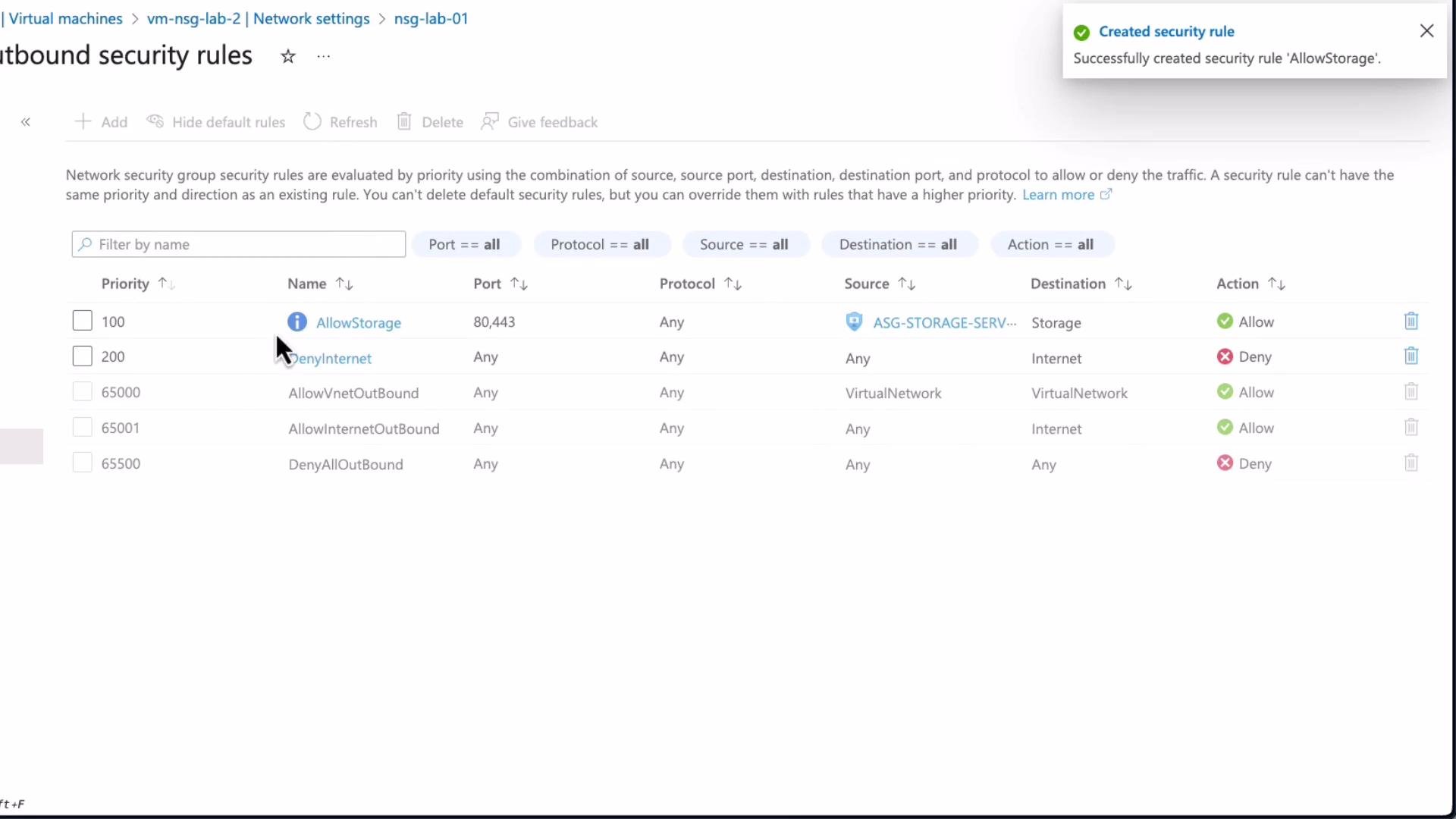 The image shows a list of outbound security rules in a network security group, detailing various rules with priorities, names, ports, protocols, sources, destinations, and actions (allow or deny). A notification indicates the successful creation of a security rule named 'AllowStorage'.