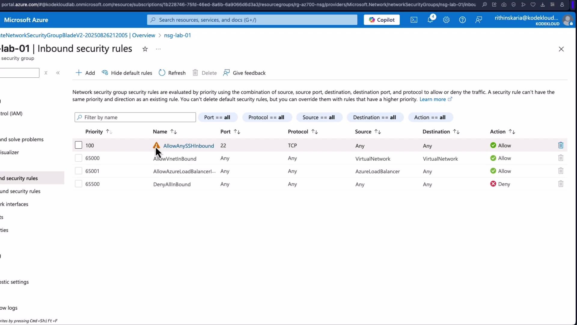 The image shows the inbound security rules for a network security group in Microsoft Azure. It lists several rules with priorities, names, ports, protocols, sources, destinations, and actions (allow or deny).