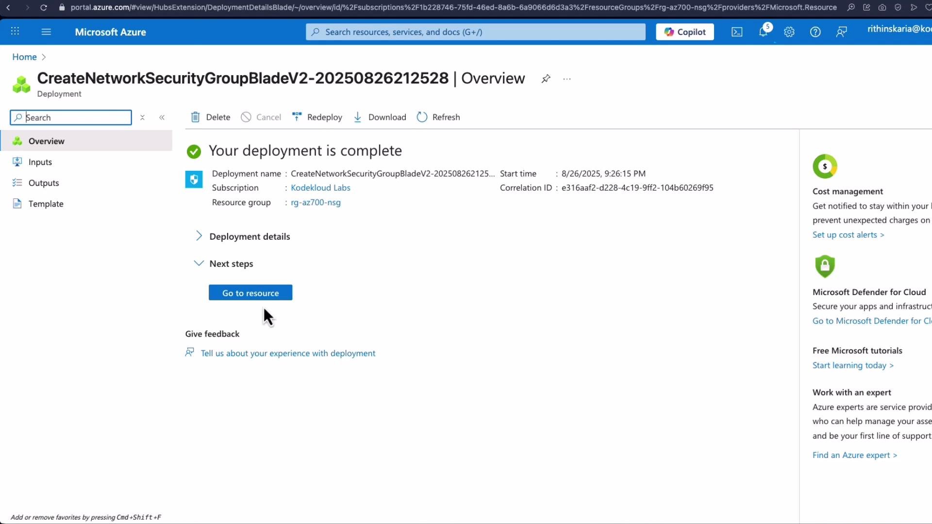 The image shows a Microsoft Azure portal indicating that a deployment named "CreateNetworkSecurityGroupBladeV2" is complete. It provides options to view deployment details, go to the resource, and manage cost alerts.