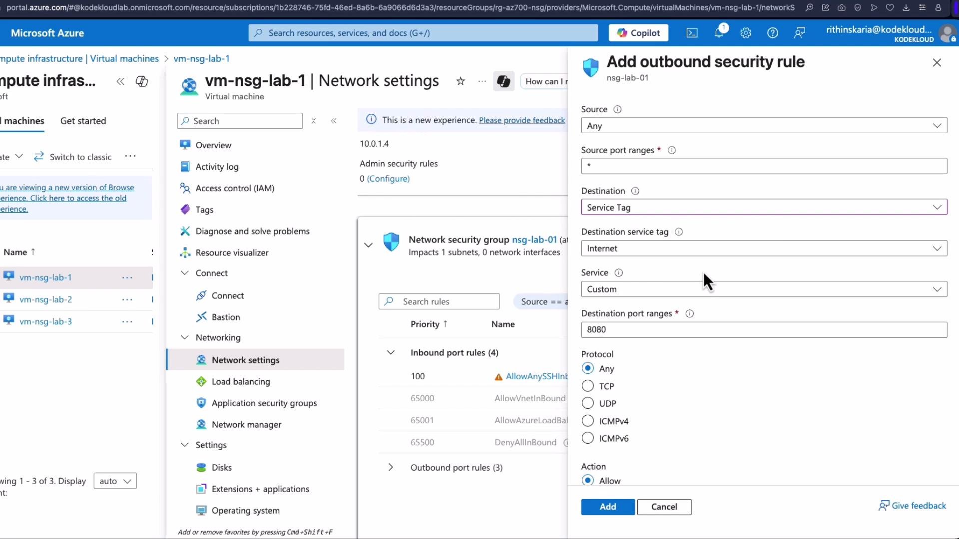 The image shows the Azure portal interface, specifically the network settings for a virtual machine, where an outbound security rule is being configured. The rule involves setting parameters like source, destination, protocol, and port ranges.
