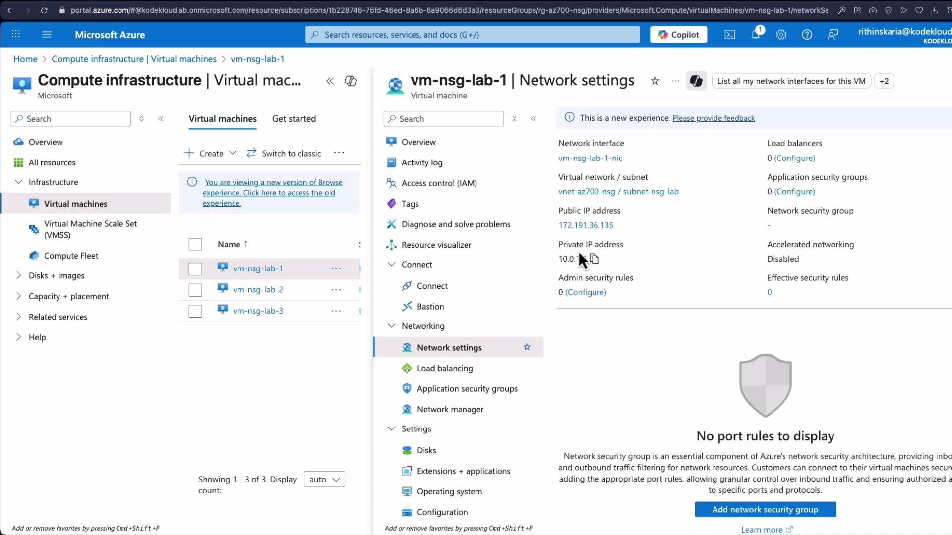 The image shows the Microsoft Azure portal interface, specifically the network settings for a virtual machine named "vm-nsg-lab-1". It lists details like public and private IP addresses and configurations for network security groups.