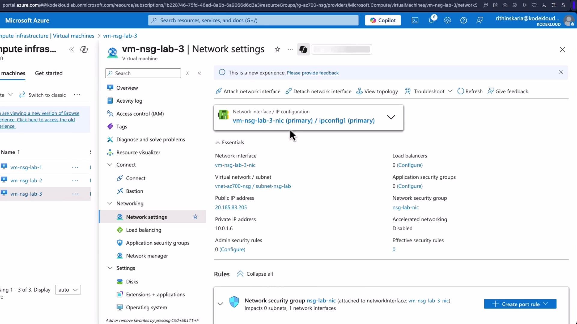 The image shows the network settings of a virtual machine in Microsoft Azure portal, detailing network interfaces and IP configurations alongside various networking options and settings.