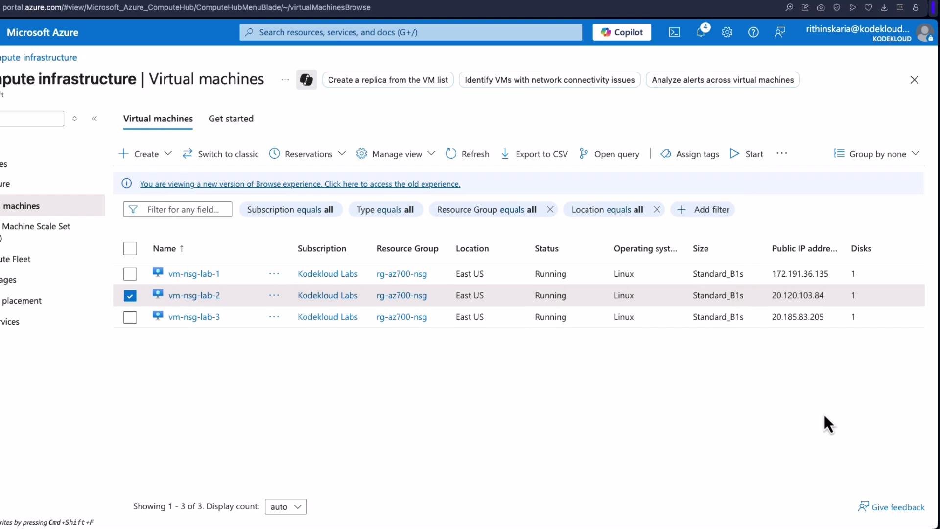 The image shows a screenshot of the Microsoft Azure portal displaying a list of virtual machines, including details such as name, subscription, resource group, location, status, operating system, size, public IP address, and number of disks.