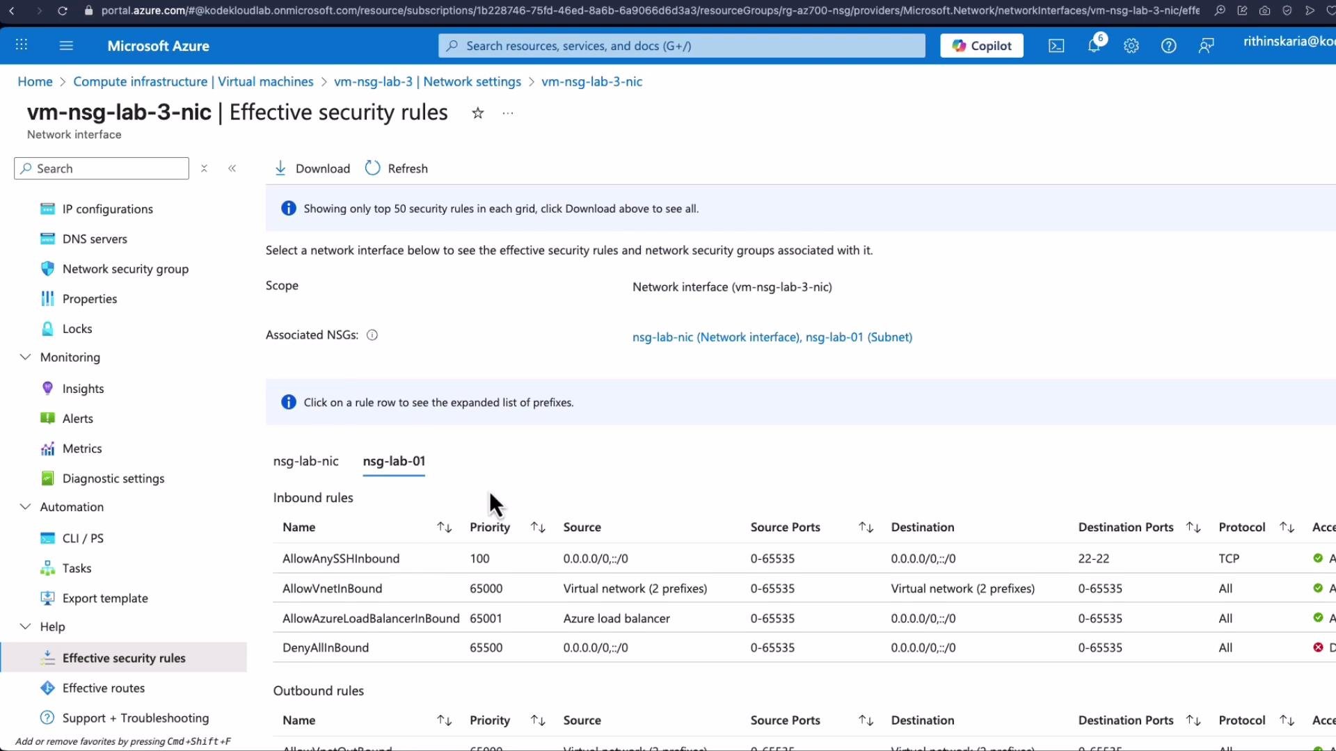 The image shows the "Effective security rules" interface for a network security group in Microsoft Azure, displaying inbound and outbound rules with details about priorities, source and destination ports, protocols, and access status.