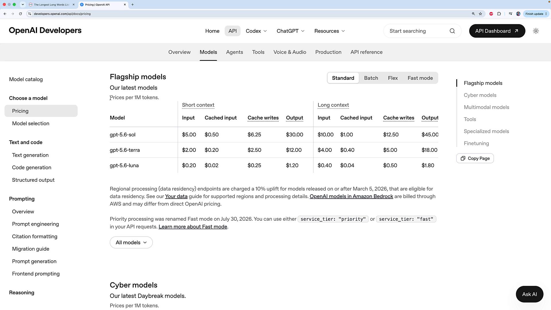 A screenshot of the OpenAI Developers pricing page showing a "Flagship models" table with per‑1M token prices for gpt-5.6‑sol, gpt-5.6‑terra, and gpt-5.6‑luna. The site navigation and sidebar are also visible along with notes about regional processing and Fast mode.