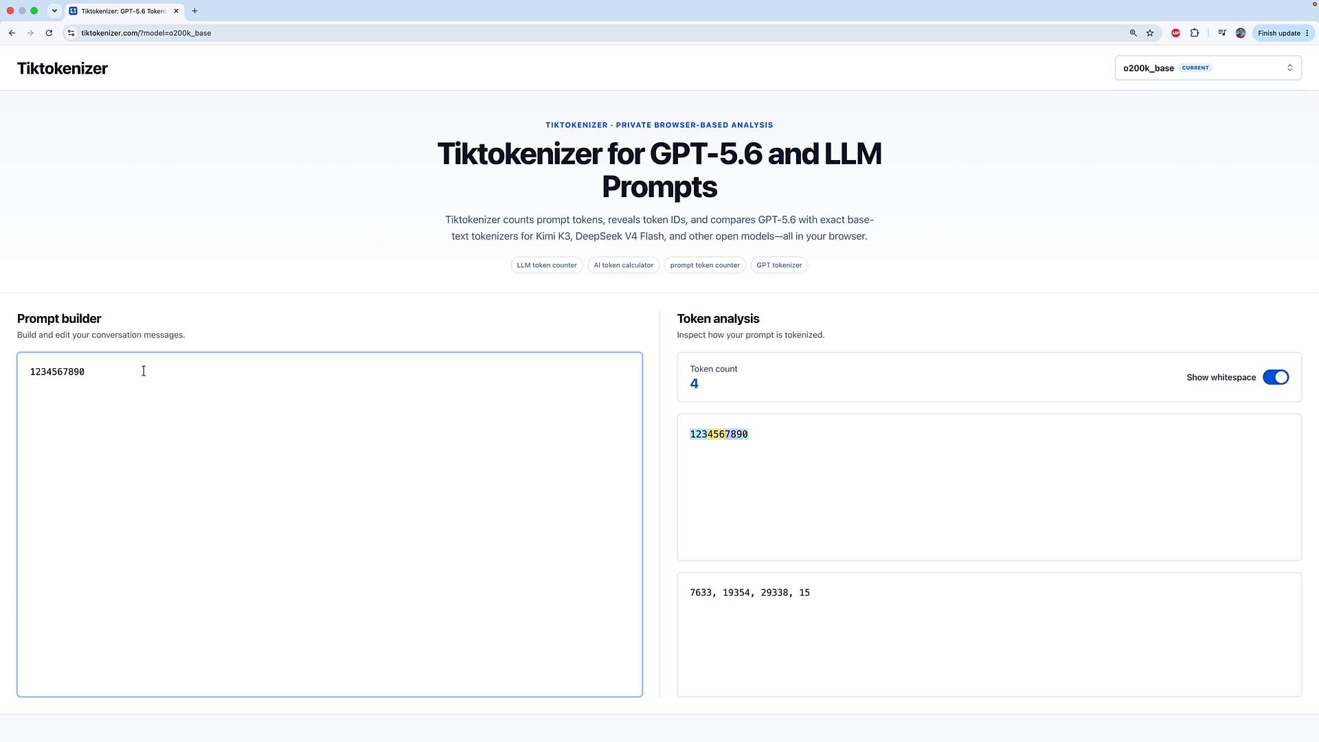 A browser screenshot of a web tool titled "Tiktokenizer for GPT-5.6 and LLM Prompts" showing a large prompt-builder area on the left and a token analysis panel on the right. The prompt contains "1234567890" and the token analysis shows a token count of 4 with tokenized IDs listed.