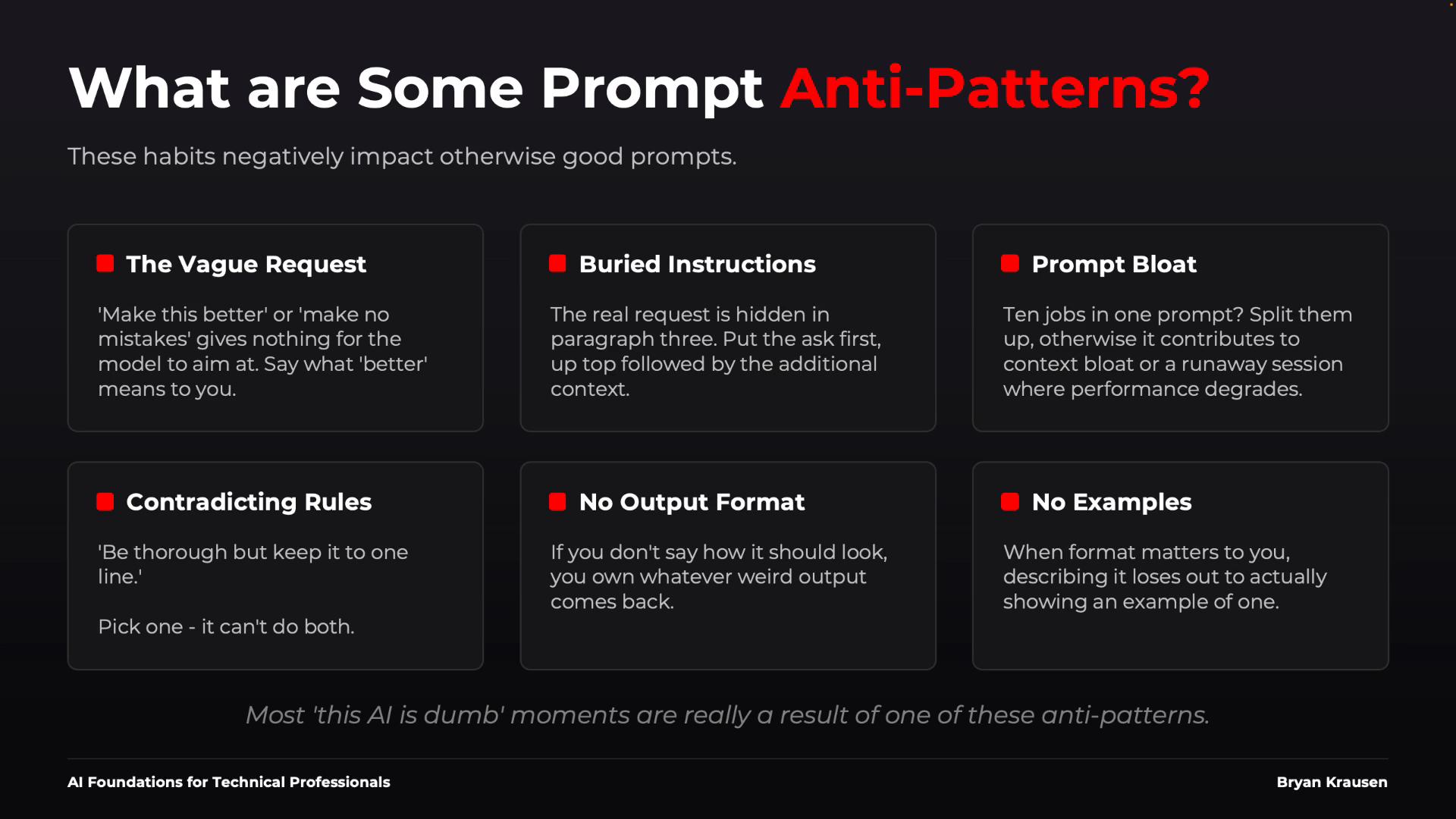 A dark-themed infographic titled "What are Some Prompt Anti-Patterns?" showing six warning cards. It lists common bad prompt habits—The Vague Request, Buried Instructions, Prompt Bloat, Contradicting Rules, No Output Format, and No Examples—each with a short explanation.