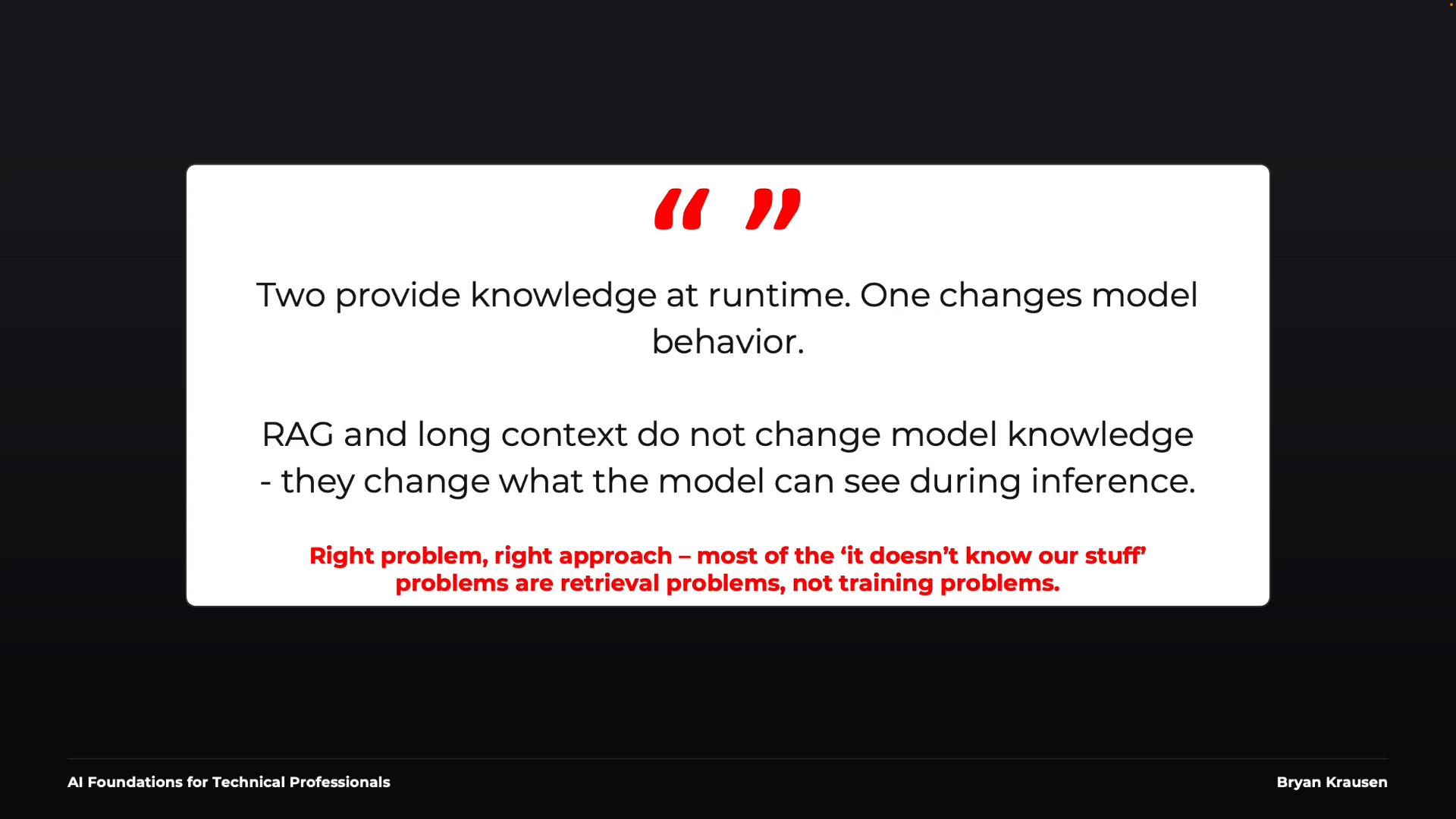A presentation slide explaining that RAG and long context provide knowledge at runtime and change what the model can see during inference rather than altering its trained knowledge. It adds that most “it doesn’t know our stuff” issues are retrieval problems, not training problems.
